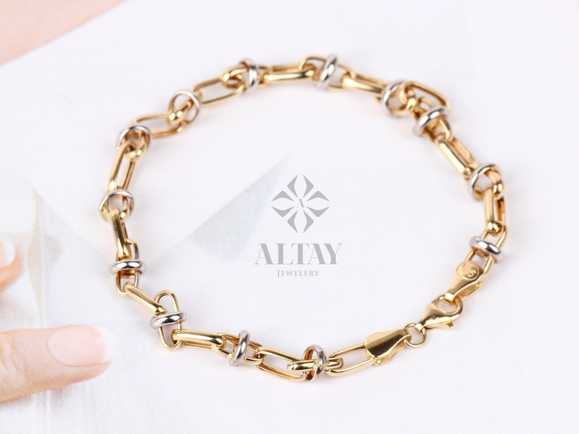 14K Gold Two Tone Chain Bracelet, Oval Chain Bracelet, Rectangle Long Paperclip Chain Anklet, Chunky Chain Link, Two-Tone Bracelet