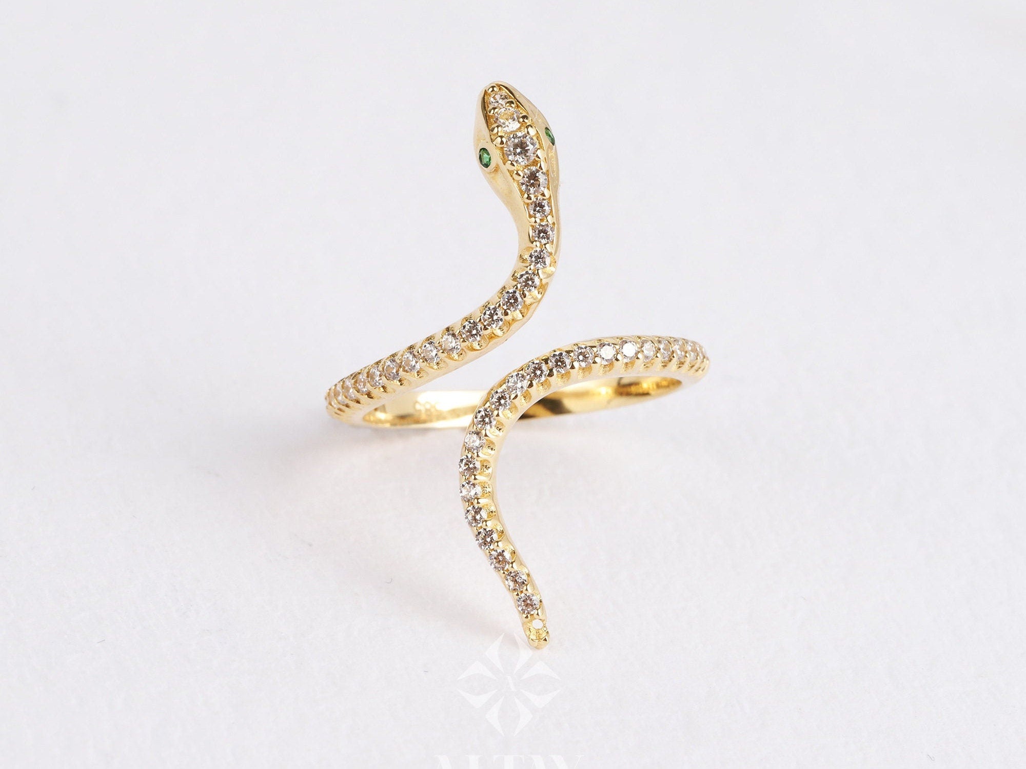 14K Gold Snake Ring, Snake Band, Open Serpent Jewelry, Dainty Stacking Animal Rings, CZ Snake Style Ring, Open Band Statement Wrap Ring