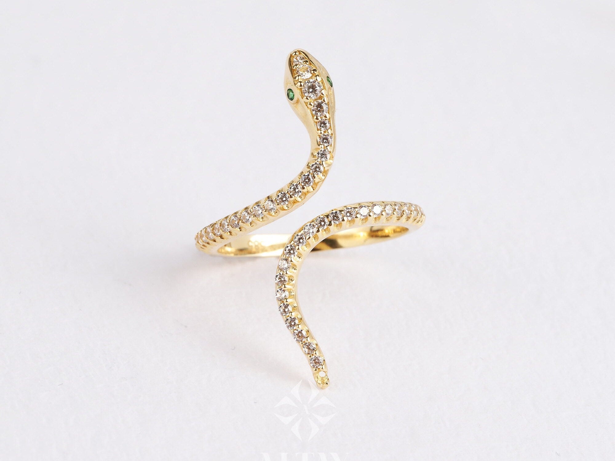 14K Gold Snake Ring, Snake Band, Cz Diamond Open Serpent Jewelry, Dainty Stacking Animal Rings, Snake Style Ring, Statement Band Wrap Ring