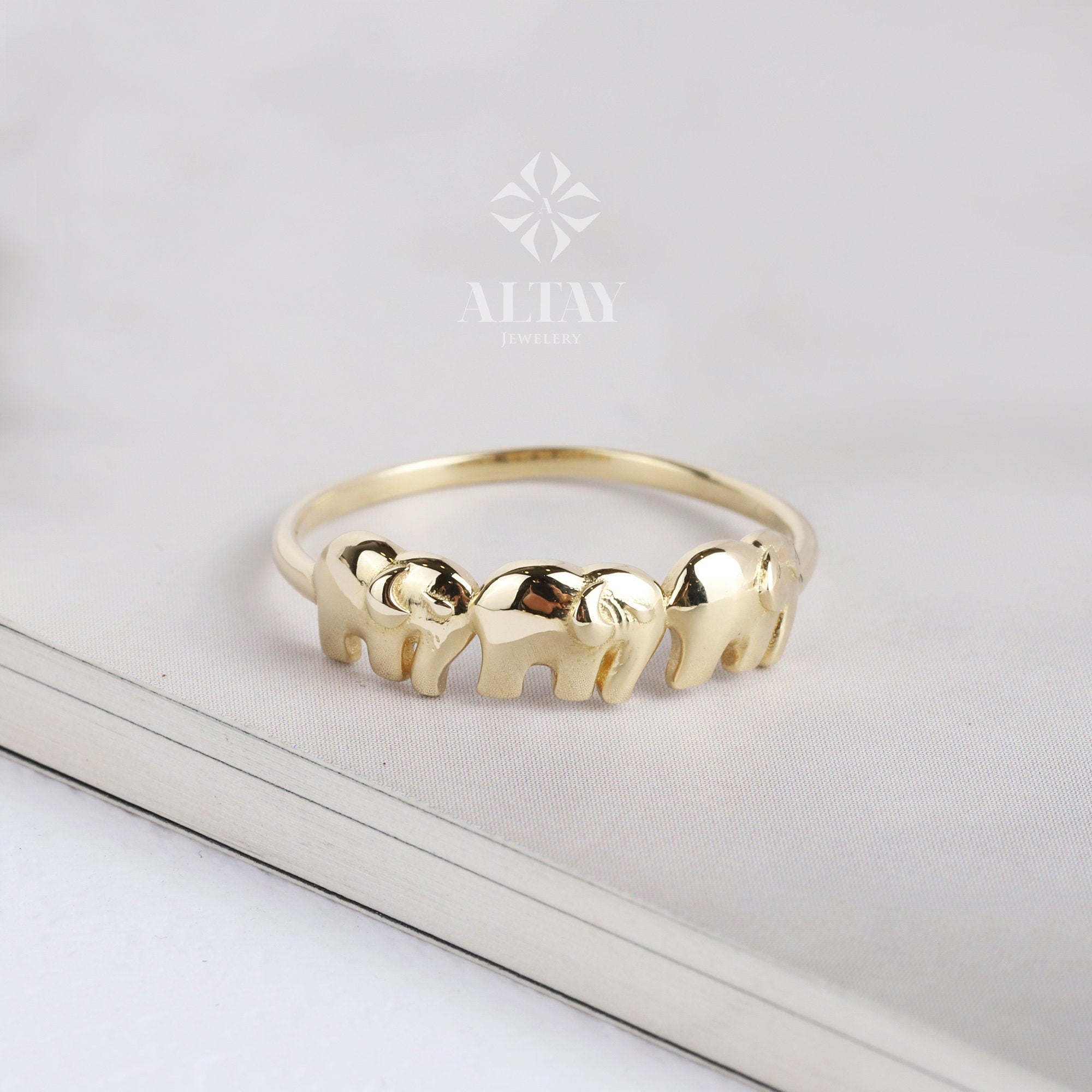 14K Solid Gold Elephant Ring, Three Elephant Ring, Stacking Thin Gold Ring, Animal Gold Ring, Dainty Minimalist Ring, Good Fortune Symbol