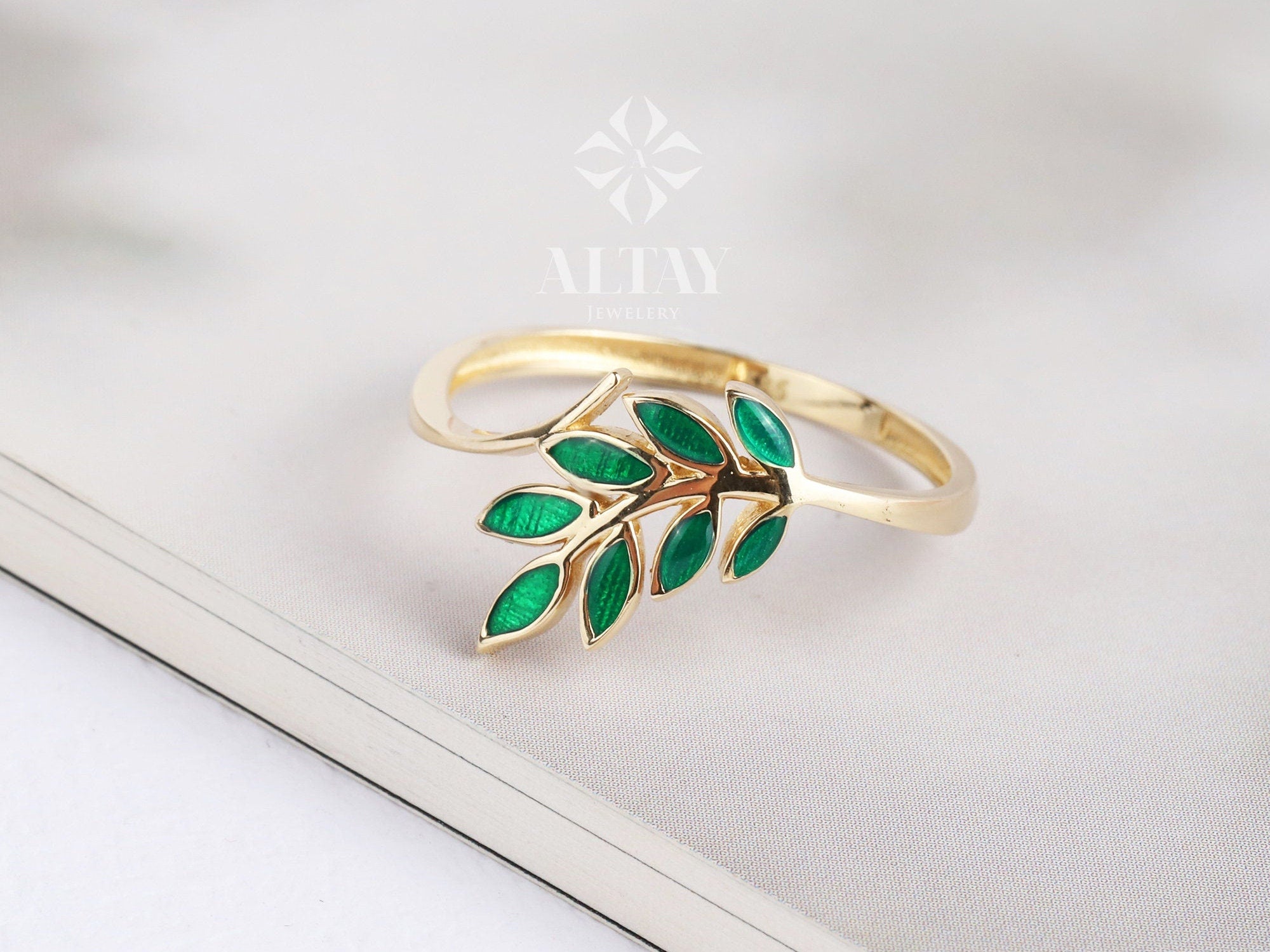 14K Gold Green Leaf Ring. Olive Leaf Ring, Vine Wedding Band, Leaf Branch Ring, Gold Leaf Stacking Twig Ring, Laurel Floral Nature Band