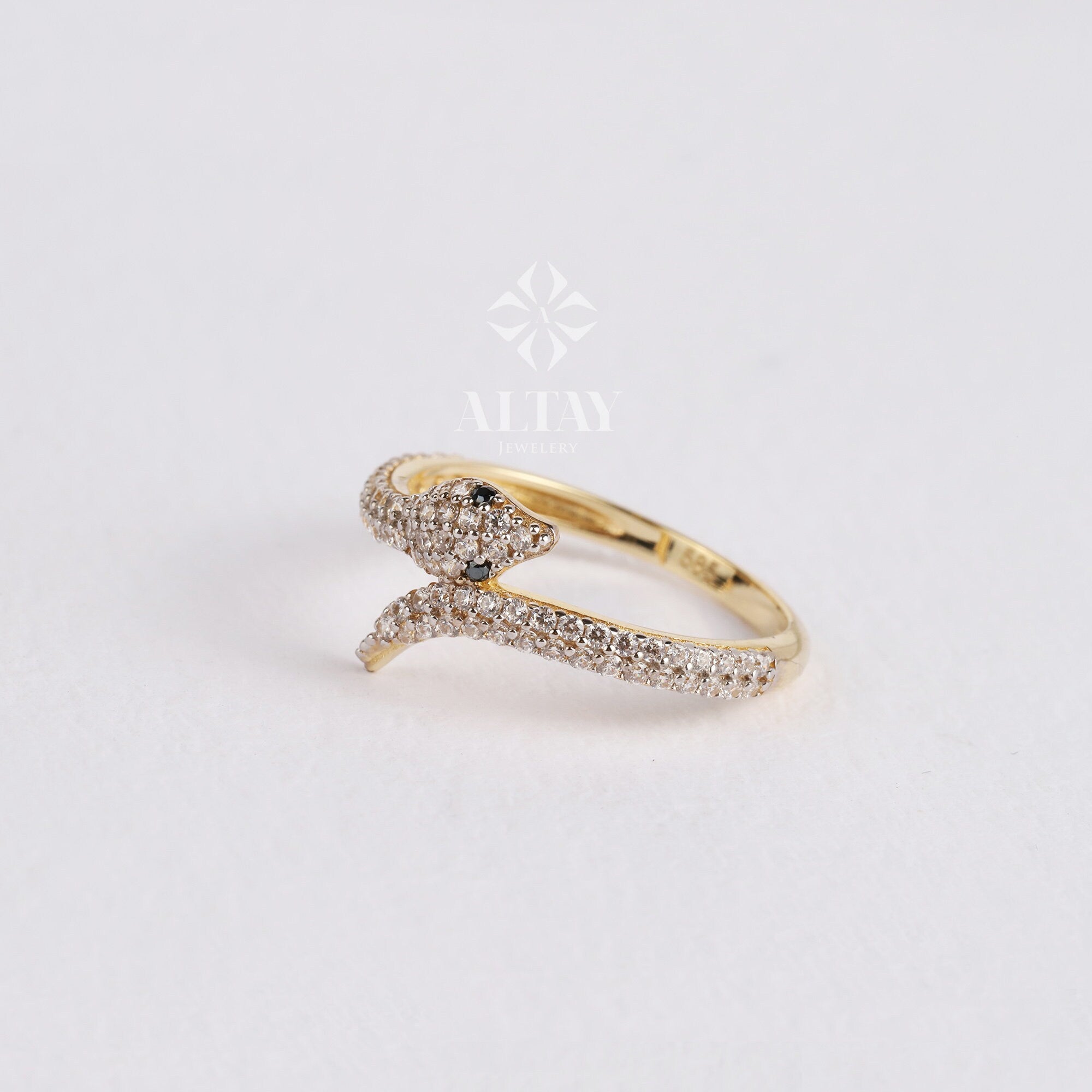 14K Gold Snake Ring, Snake Band, Open Serpent Jewelry, Dainty Stacking Animal Rings, CZ Snake Style Ring, Open Band Statement Wrap Ring