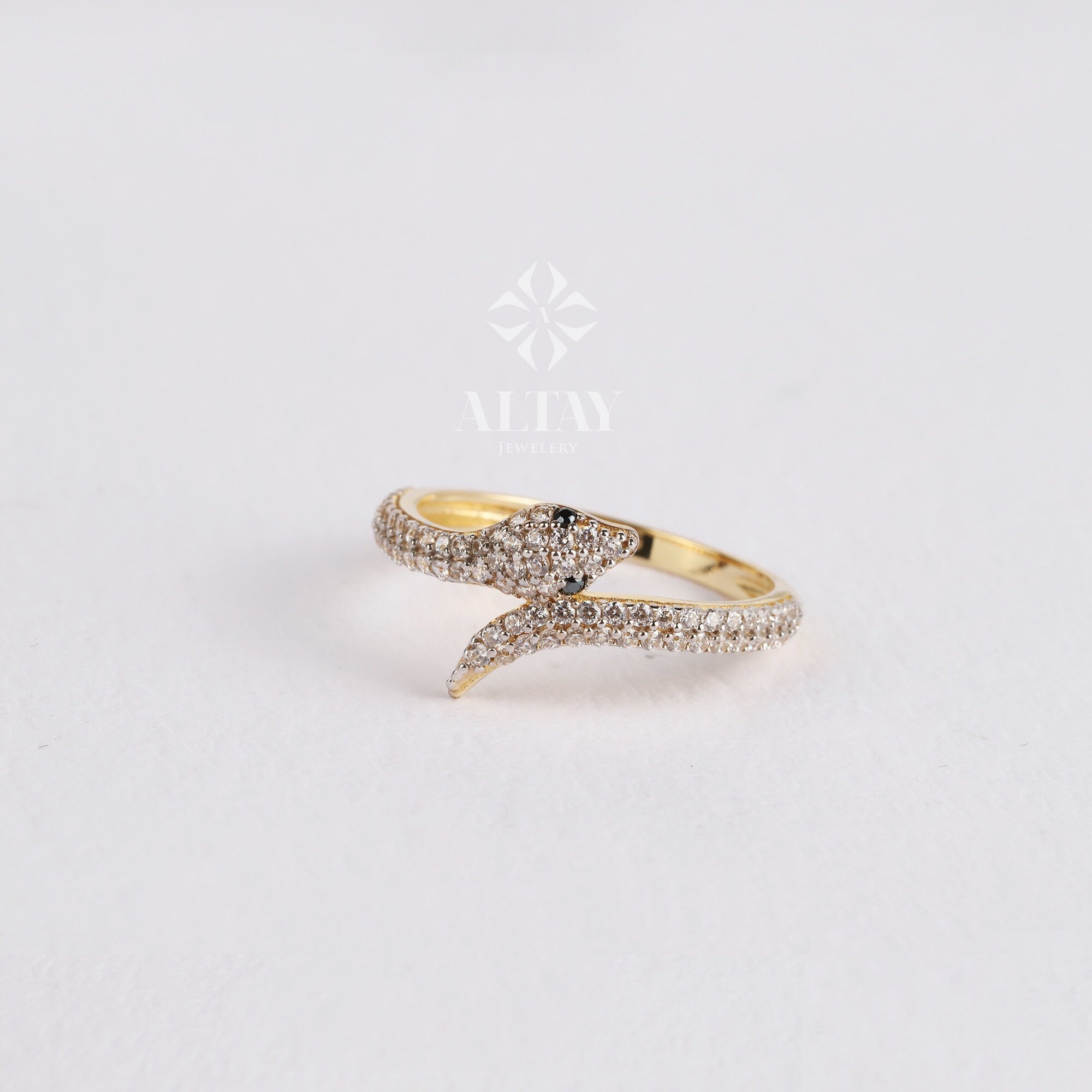 14K Gold Snake Ring, Snake Band, Open Serpent Jewelry, Dainty Stacking Animal Rings, CZ Snake Style Ring, Open Band Statement Wrap Ring