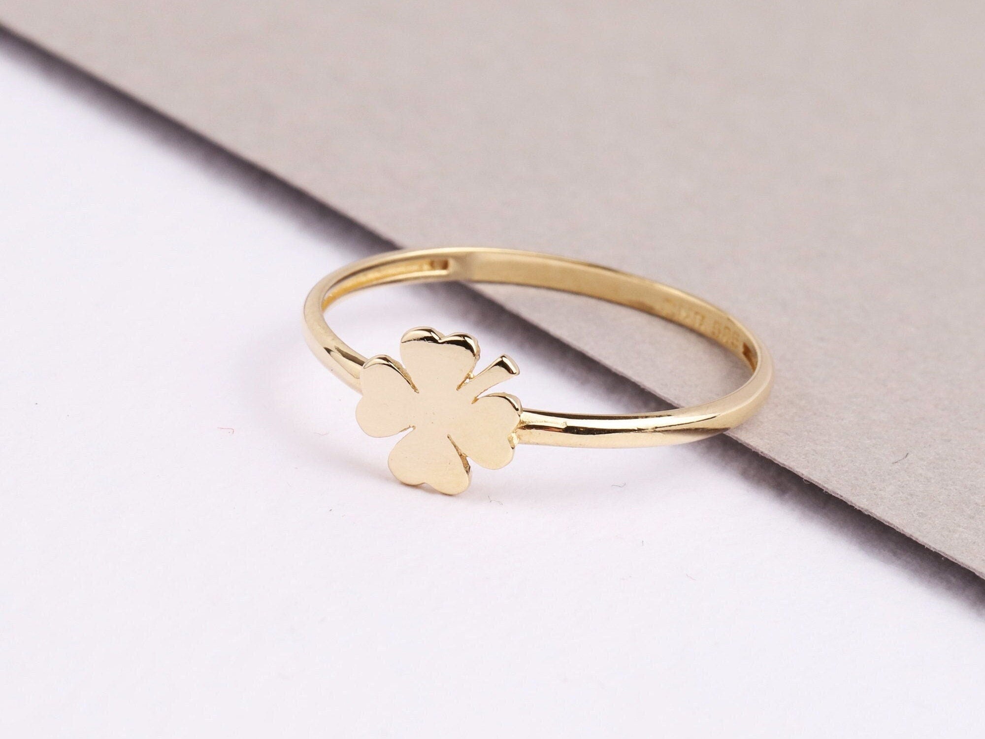 14K Gold Four Leaf Clover Ring, Dainty Good Luck Ring, Clover Lucky Charm Ring, Gold Leaf, St. Patrick's Day Accessory Band, Gift for Her