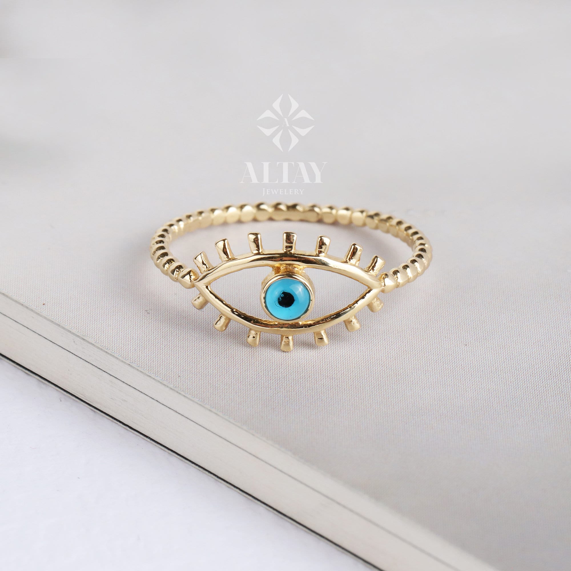 14K Solid Gold Evil Eye Ring, Evil Eye Stone, Good Luck Ring, Dainty Ring, Stackable Ring, Gift For Her, Minimal Ring, Delicate Fashion Ring