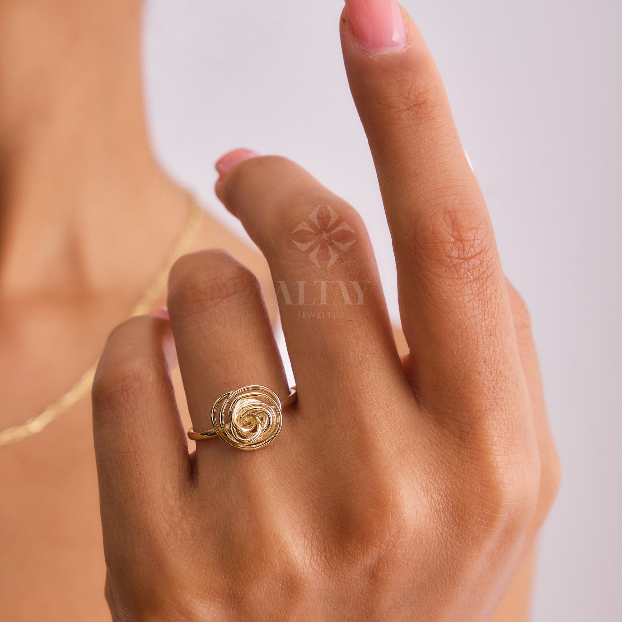 Wire Wrapped Rose Ring in 14K Gold, Unique Spiral Band