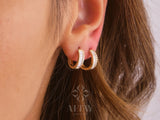 14K Gold Baguette Hoop Earrings, CZ Diamond Huggie Earrings