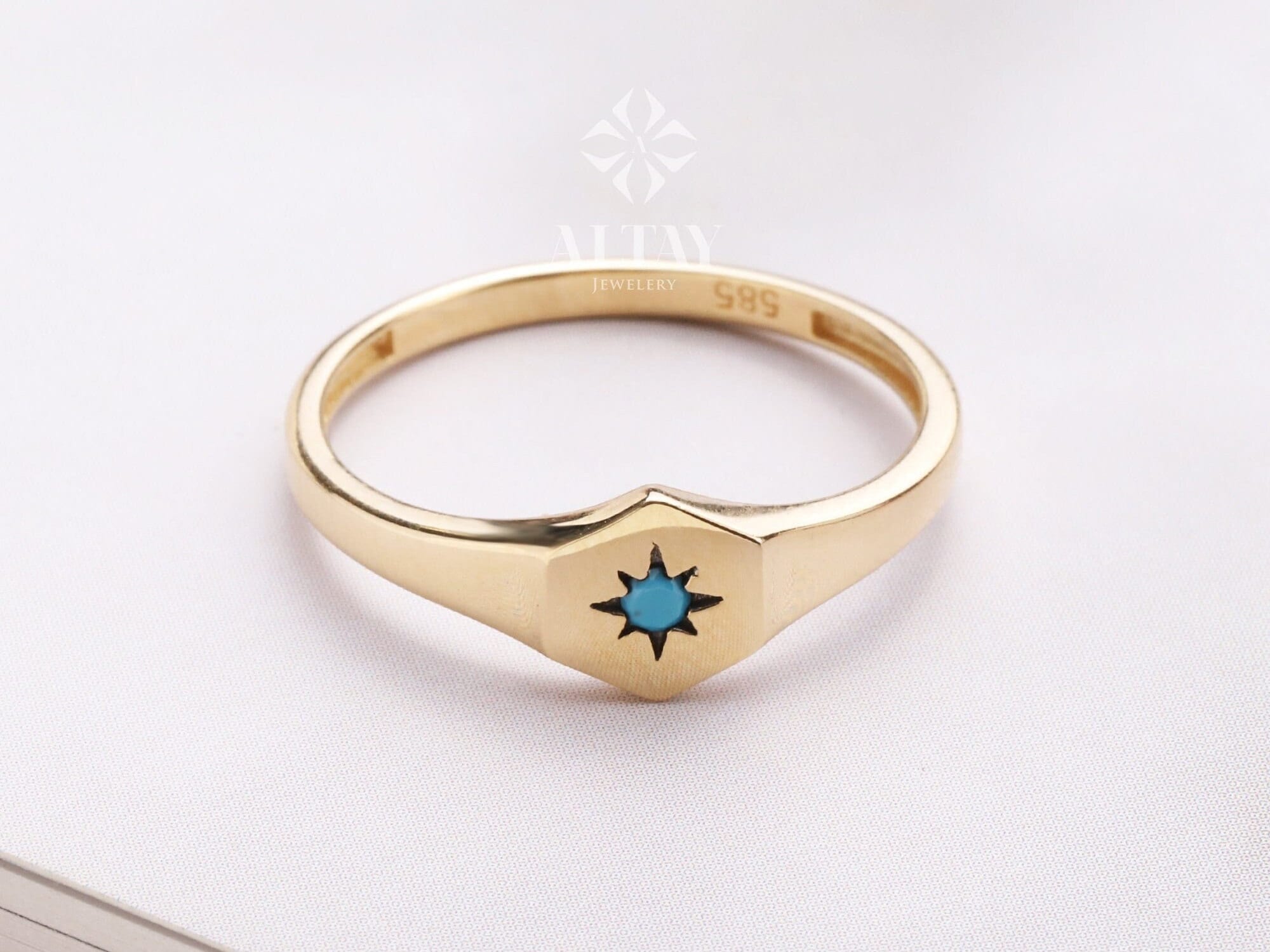 14K Gold Turquoise Stone Ring, Polar Star Band, North Star Turquoise Ring, Astrology Starburst Ring, Luck Star, Celestial Pinky Ring