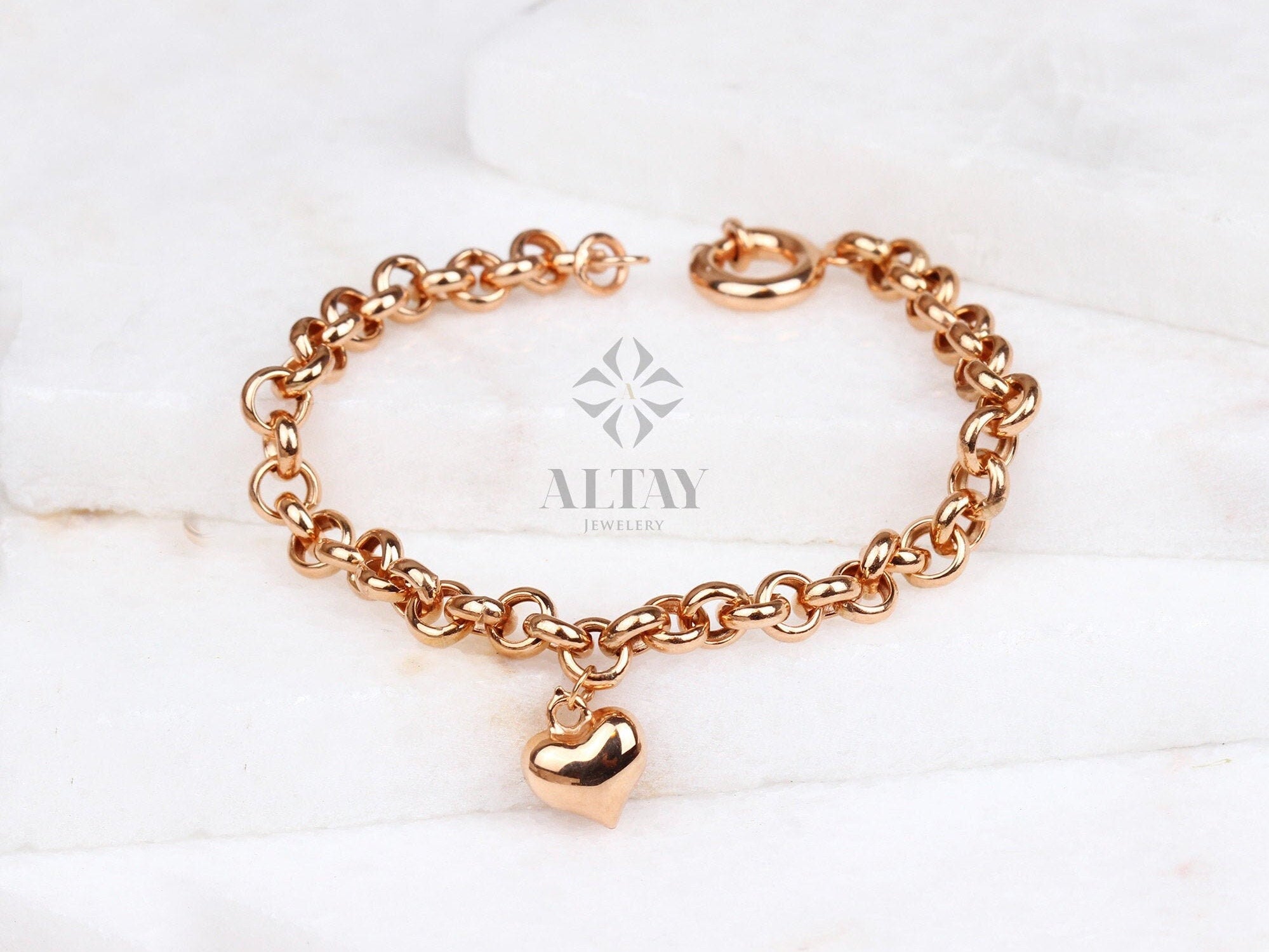 14K Gold 5mm Rolo Chain, Gold Heart Charm Bracelet, Love Bracelet, Mini 3D Heart Pendant, Link Heart Charm Bracelet, Jewelry, Gift for Her