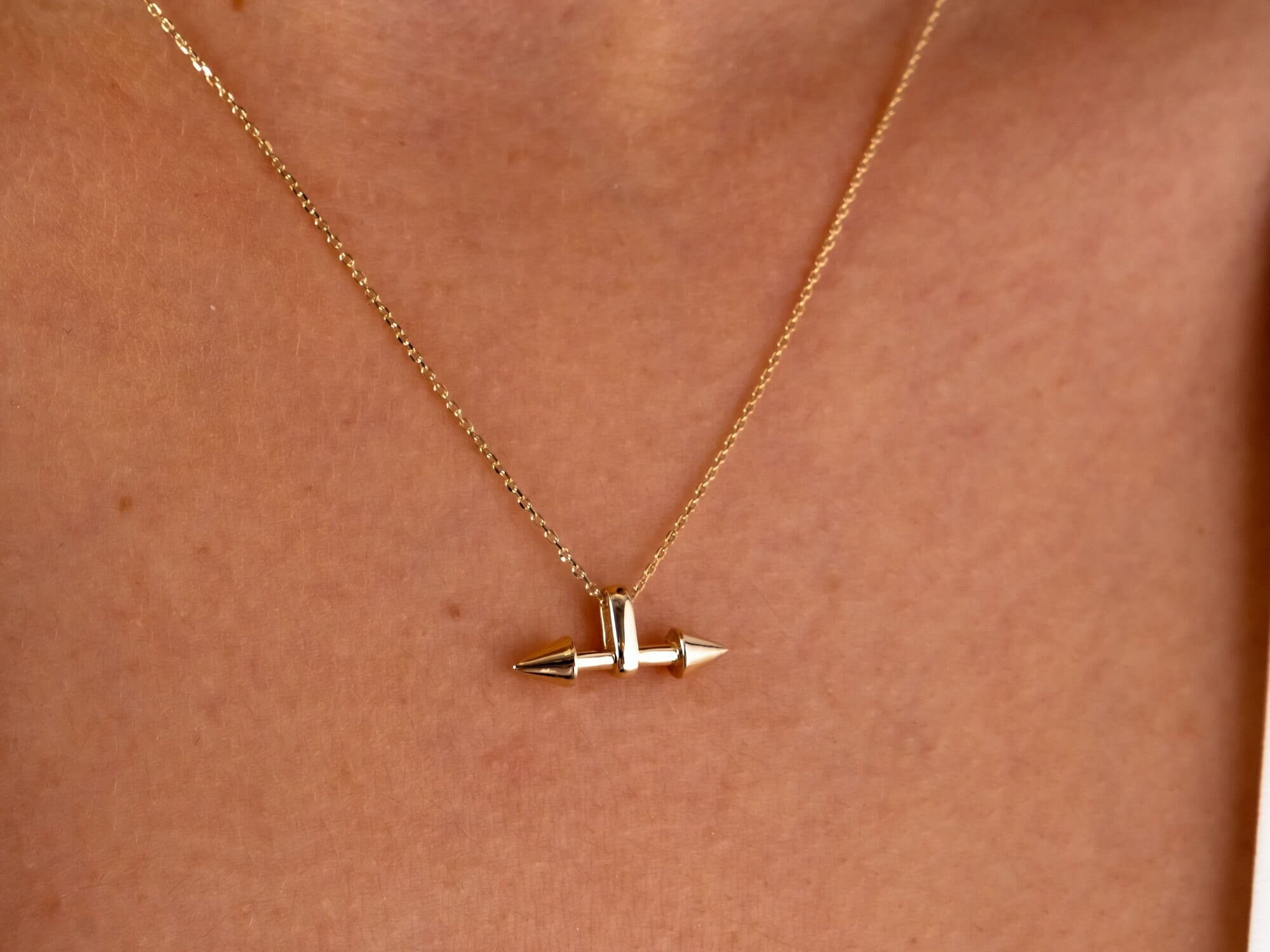 14K Gold Double Horn Necklace, Two Side Arrow Pendant Necklace, Horn Pendant Choker, Dainty Charm Necklace, Long Pendant Necklace