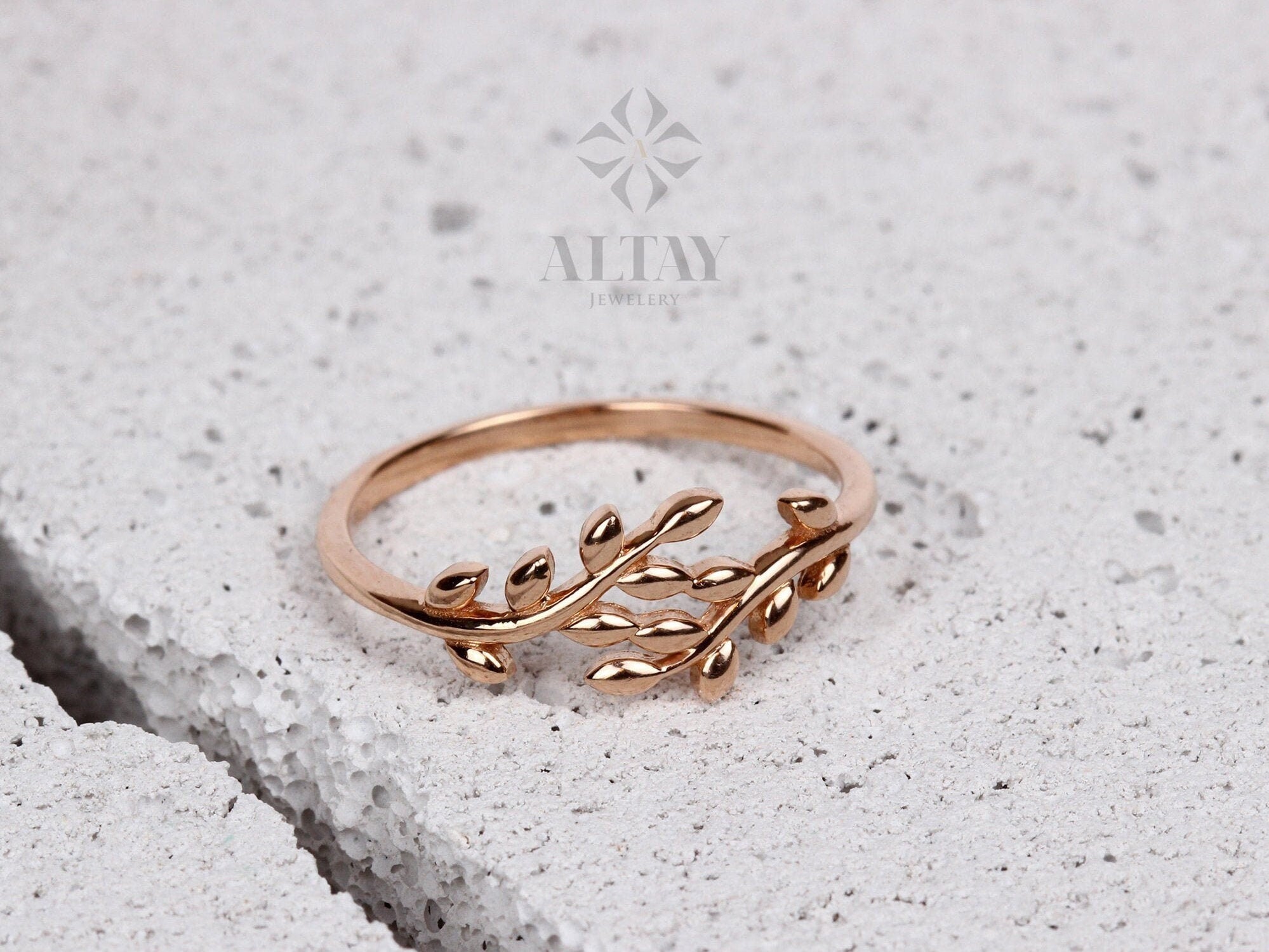 14K Gold Leaf Branch Ring, Gold Leaf Twig Ring, Rose Gold Leaf Ring, Layering Ring, Vine Ring, Laurel Ring, Nature Jewelry, Tree ring