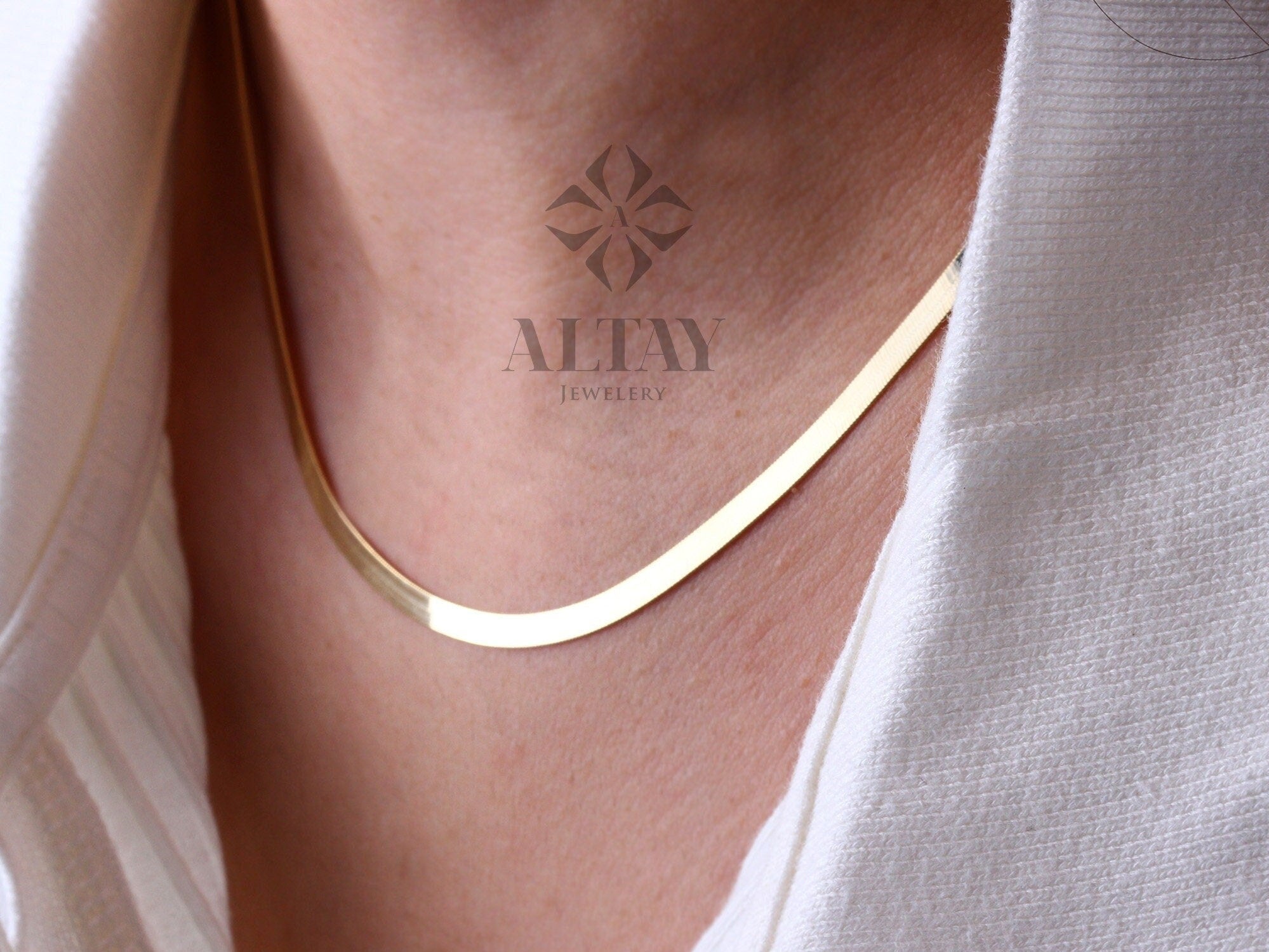 14K Gold Herringbone Necklace, Gold Herringbone Chain Choker, Flat Gold Chain Necklace, Simple Gold Chain Necklace, Herringbone Chain Gift