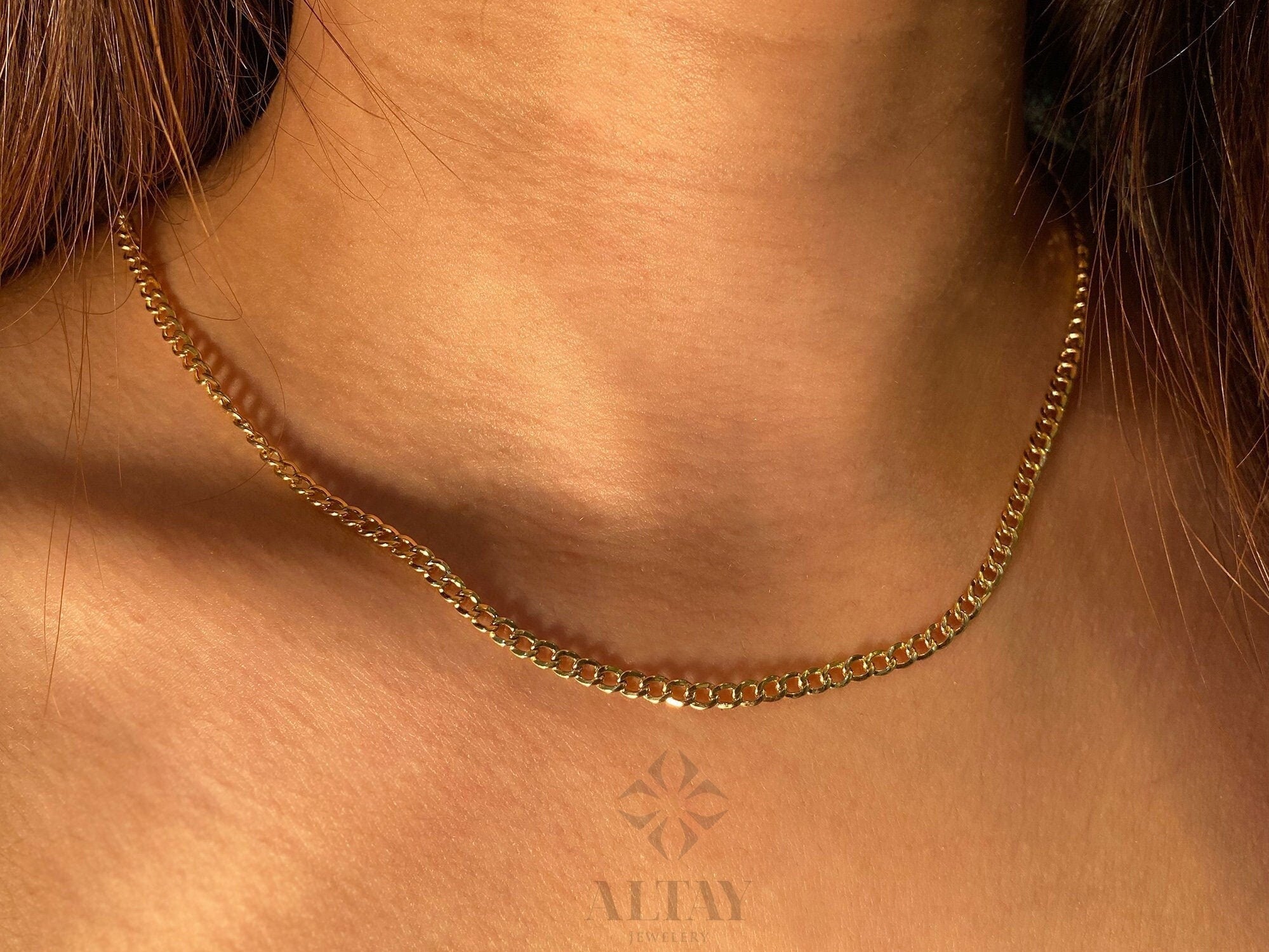 14K Solid Gold Curb Chain Necklace, 3mm Layering Choker, Unisex Necklace, Cuban Link Necklace, Dainty Jewelry, Gift For Her Him