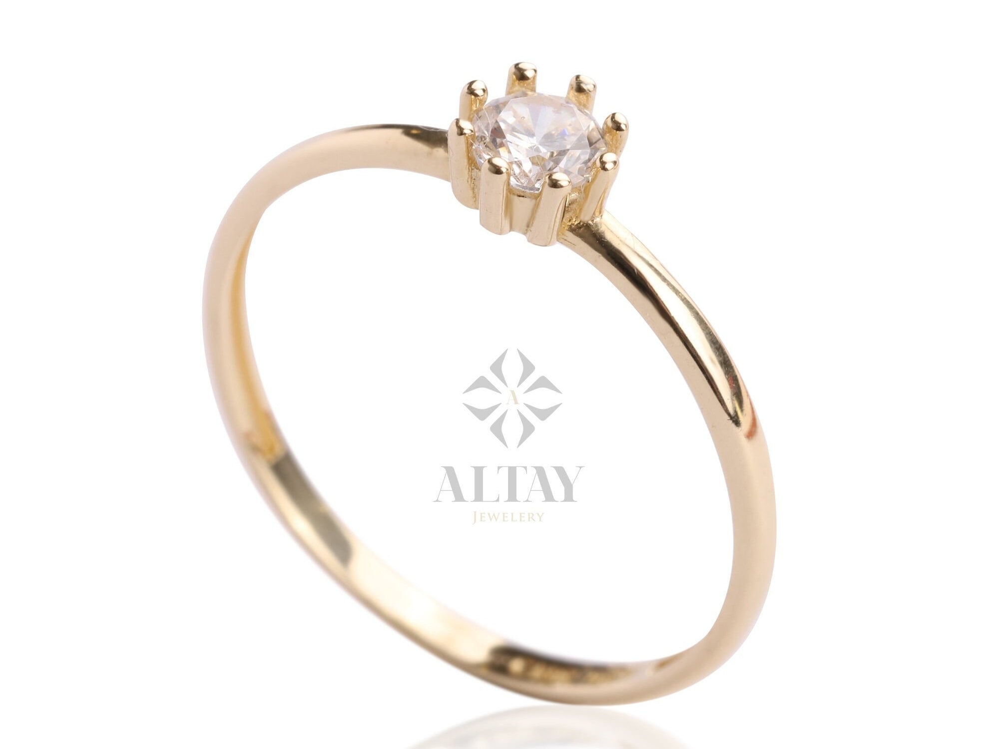 14K Gold Solitaire Ring, Promise Ring, Wedding Ring, Dainty Solitaire CZ Diamond Round Ring, Gold Thin Engagement Band Ring, Minimal Ring