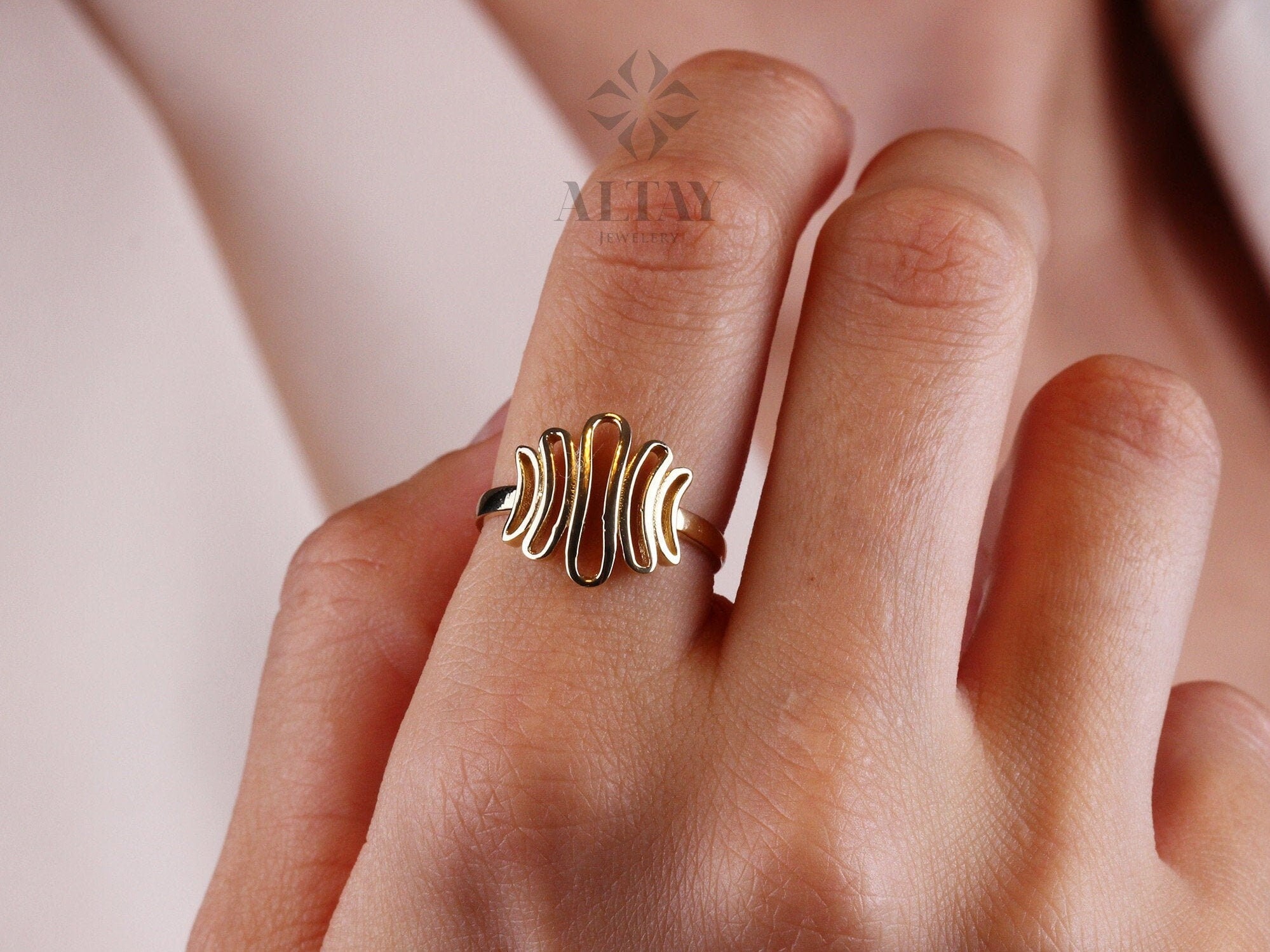 14K Gold ZigZag Ring, Vintage Style Statement Ring, Sticks Ring, Unique Design, Jewelery, Minimalist, Gift For Her, Real Gold, Jewelry