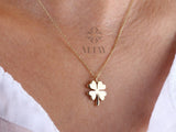 14K Gold Clover Necklace, Dainty Good Luck Pendant