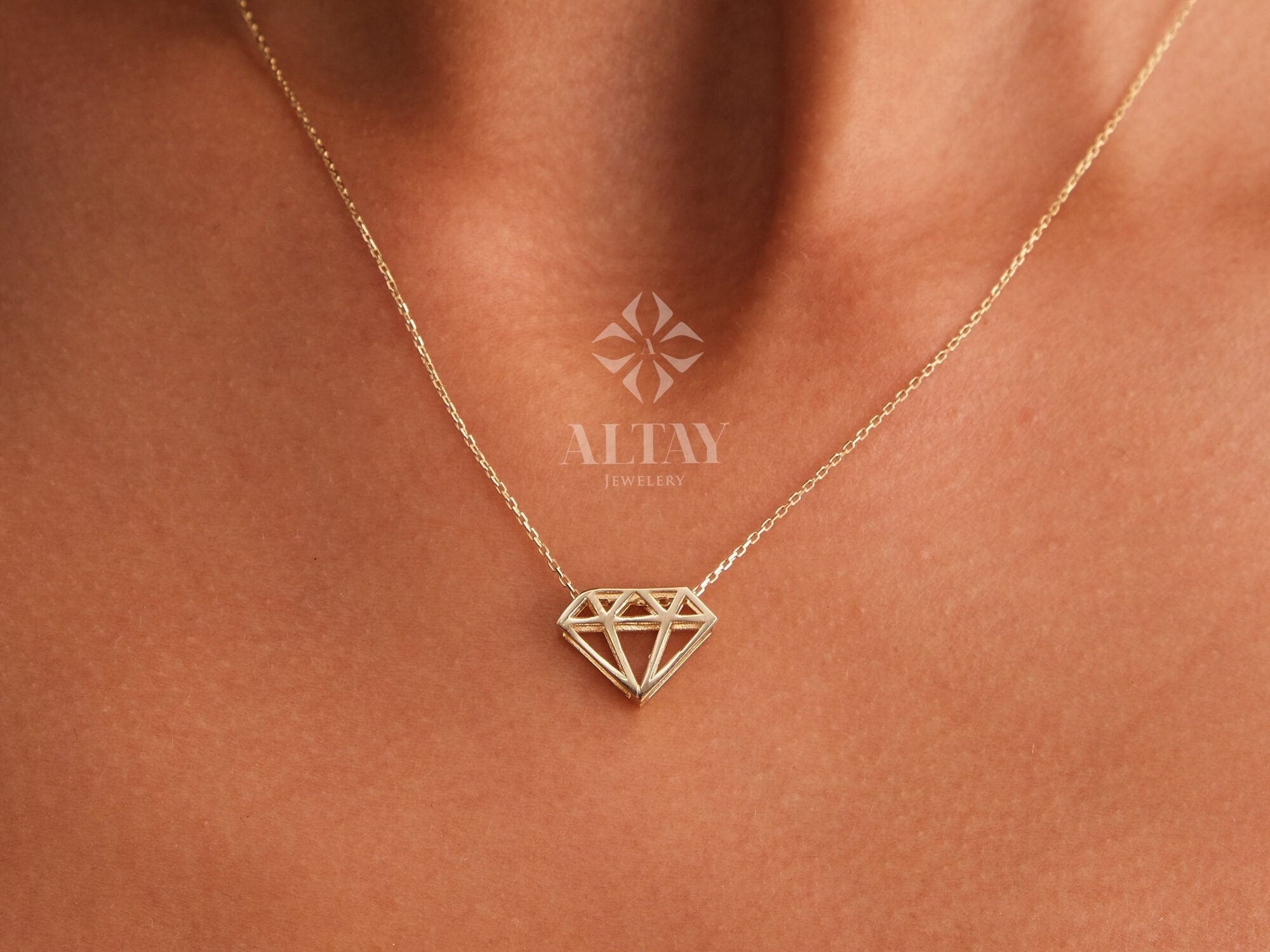 14K Gold Diamond Shape Pendant, Diamond Cutout Necklace, Diamond Pattern Choker, Gold Diamond Outline Necklace, Diamond Pattern