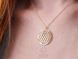 14K Gold Flower of Life Necklace, Layered Pendant Coin