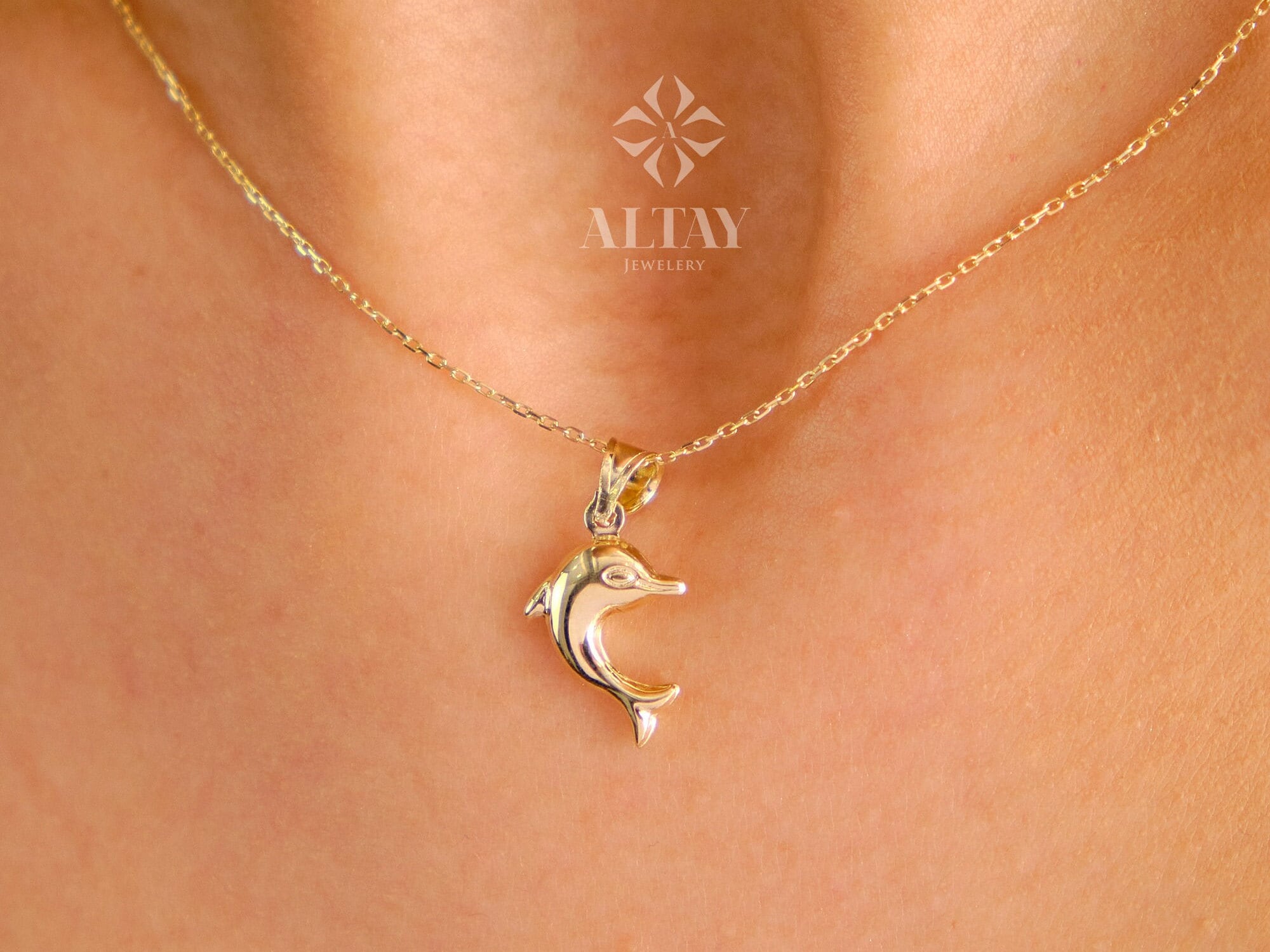 14K Gold Dolphin Necklace, Dolphin Pendant, Dolphin Fish Charm, Ocean Choker Charm, Valentine's Day Gift, Animal Jewelry, Gift for Her