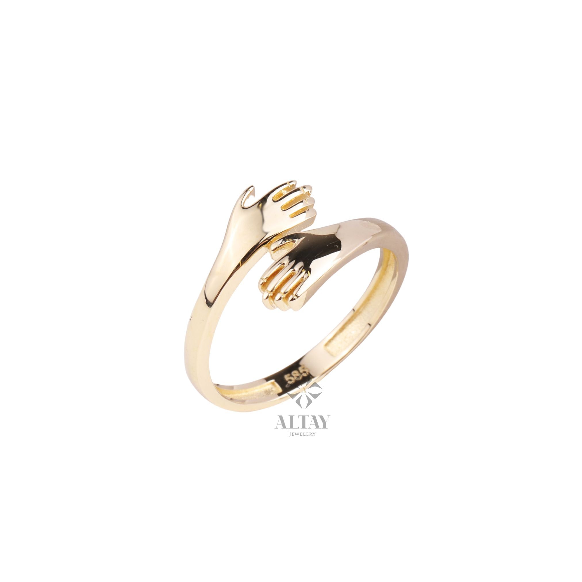 14K Gold Hug Ring, Engraved Love Hugging Hands Ring, Dainty Hug Gold Ring, Couple Love Hugging, Simple Handmade Ring, Two Hand Custom Ring
