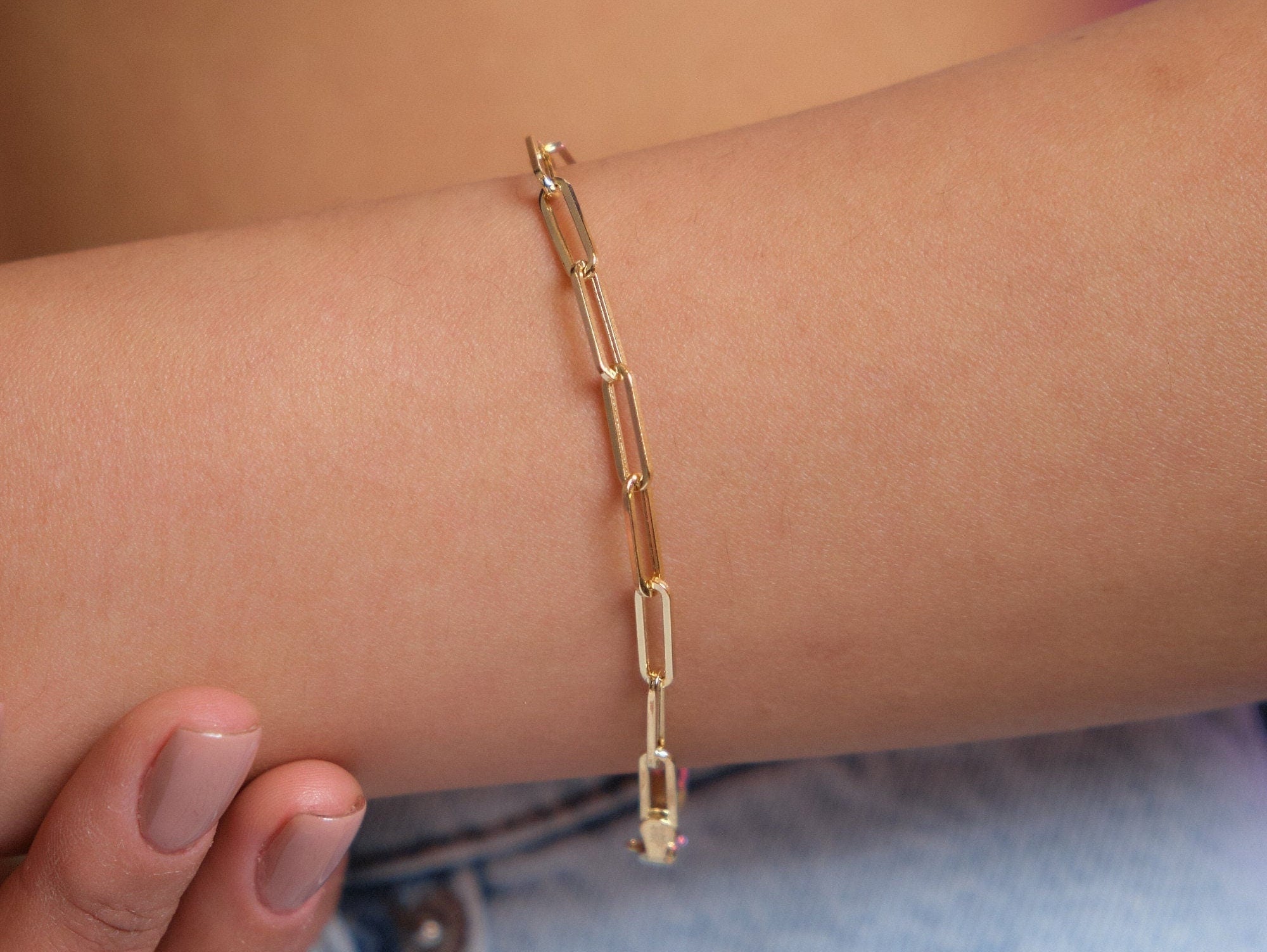 14K Gold Paperclip Chain Bracelet, 3mm Rectangle Long Chain, Chunky Chain Link Bracelet, Stacking Bracelets, Dainty Chain, Gift For Her