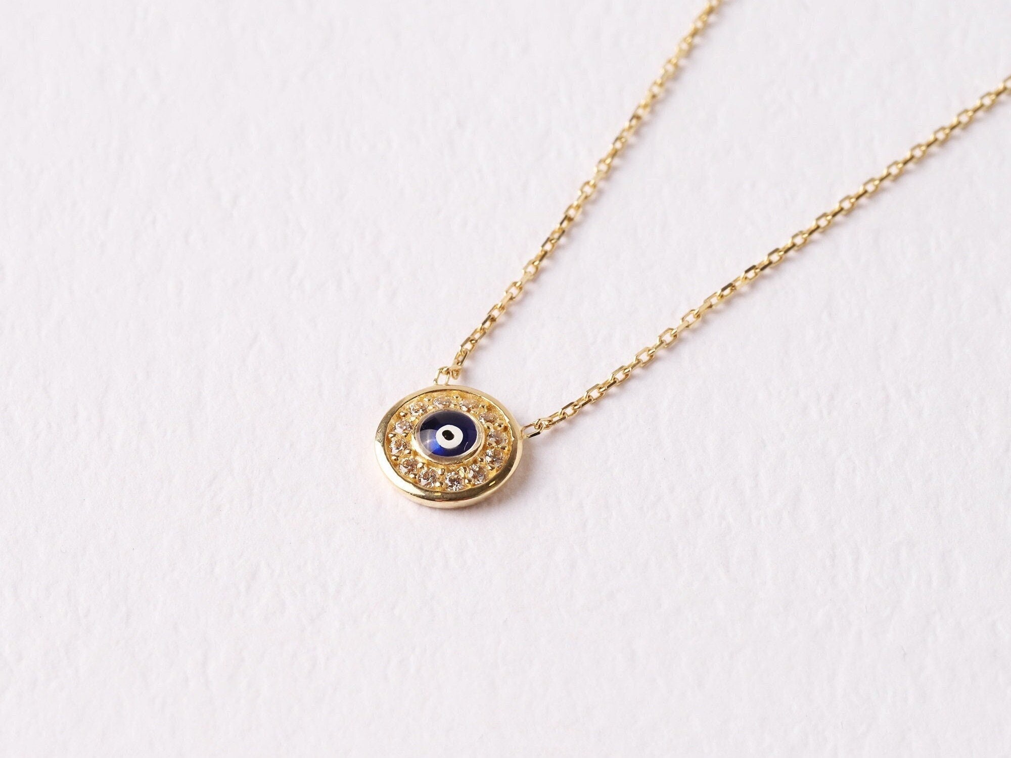 14K Gold Evil Eye Necklace, Gold Evil Eye Pendant, Evil Eye CZ Diamond Charm, Kabbalah Necklace, Good Luck Protection Symbol, Gift For Her