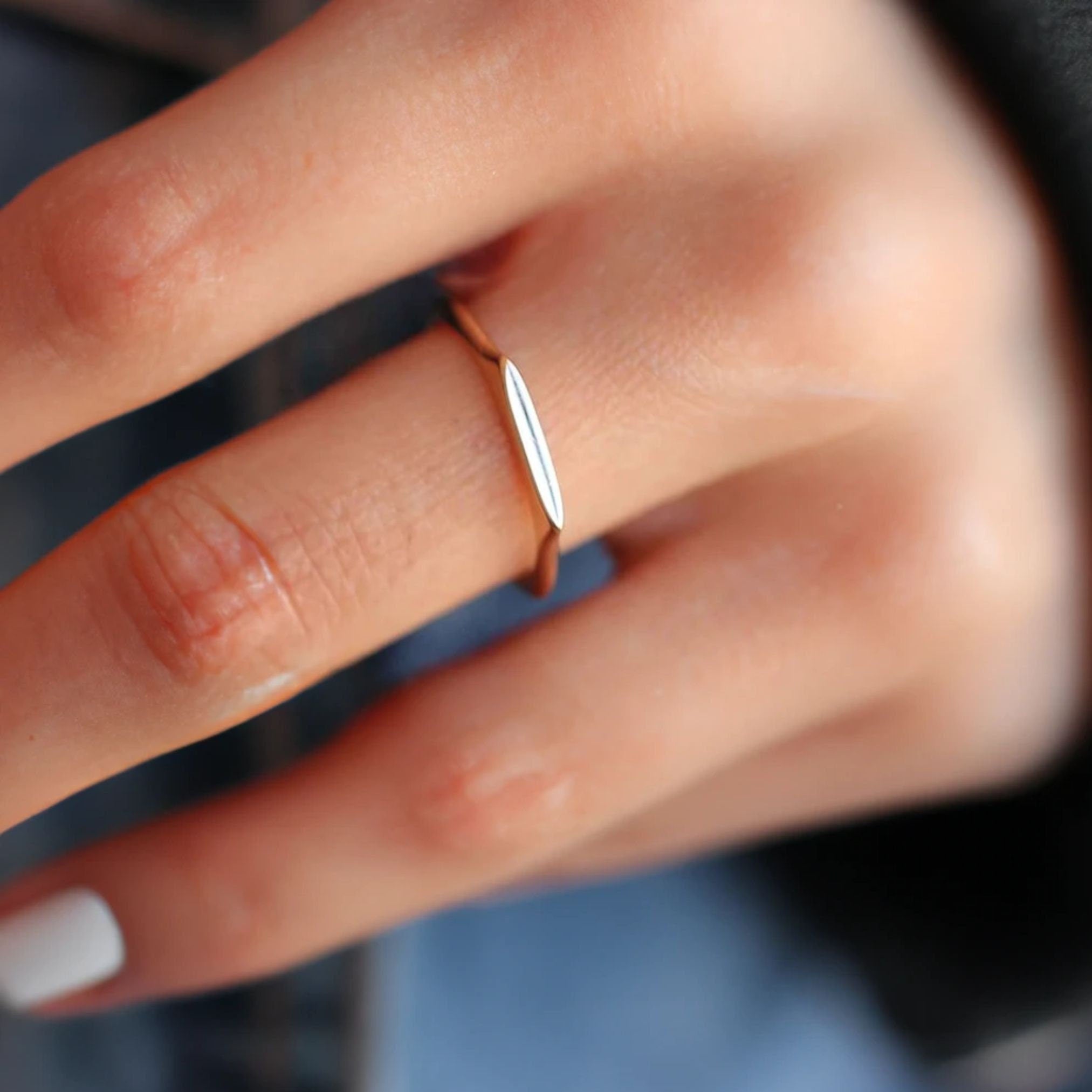 14K Solid Gold Rectangle Bar Ring, Plain Stacking Ring, Thin Gold, Stackable Knuckle, 14K Custom Name Ring, Date Engraved Personalized Gift