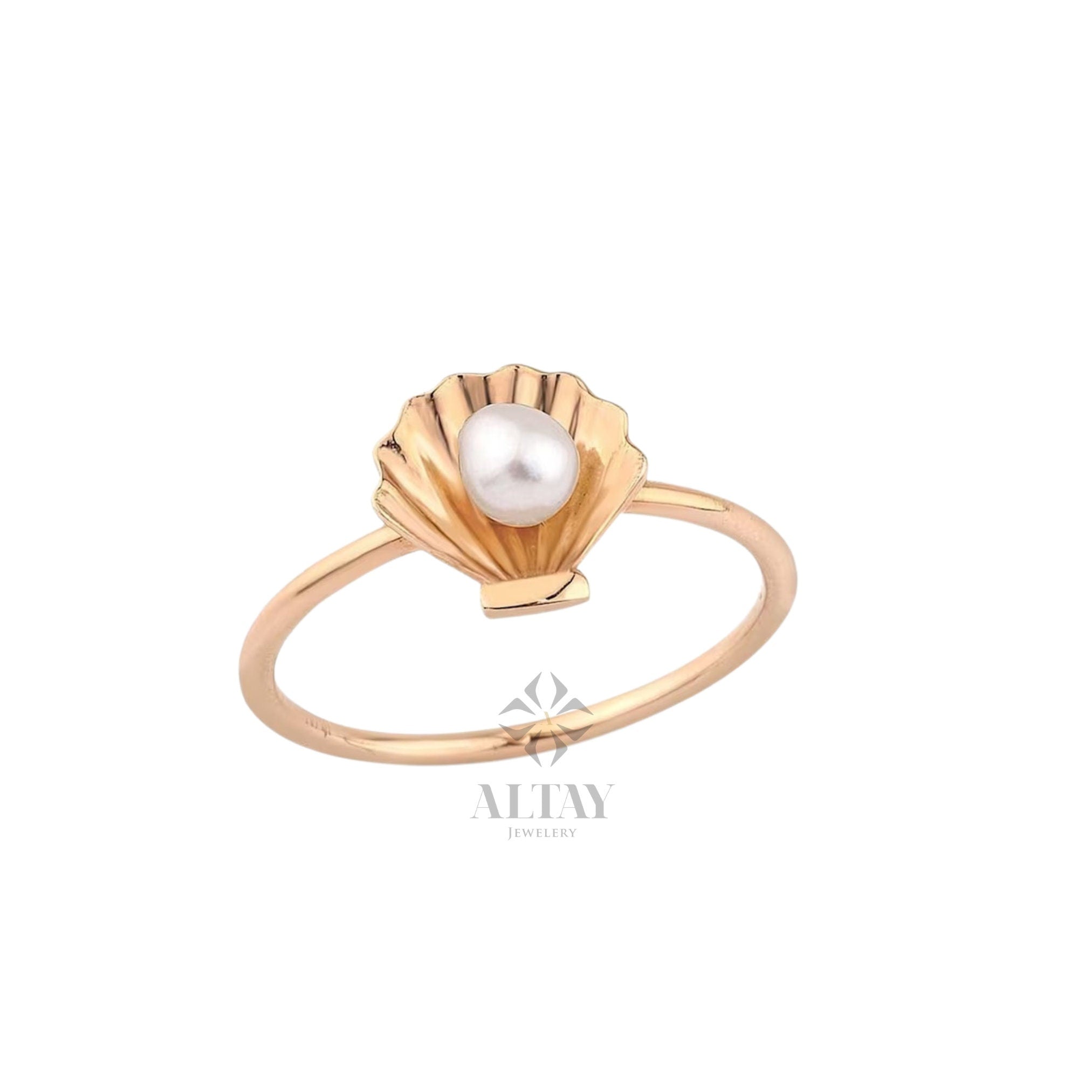 14K Gold Seashell Pearl Ring, Gold Shell Ring, Dainty Gold Bridesmaid Ring, Gift For Her, Charm Ring,Minimal Fashion Summer Jewelery