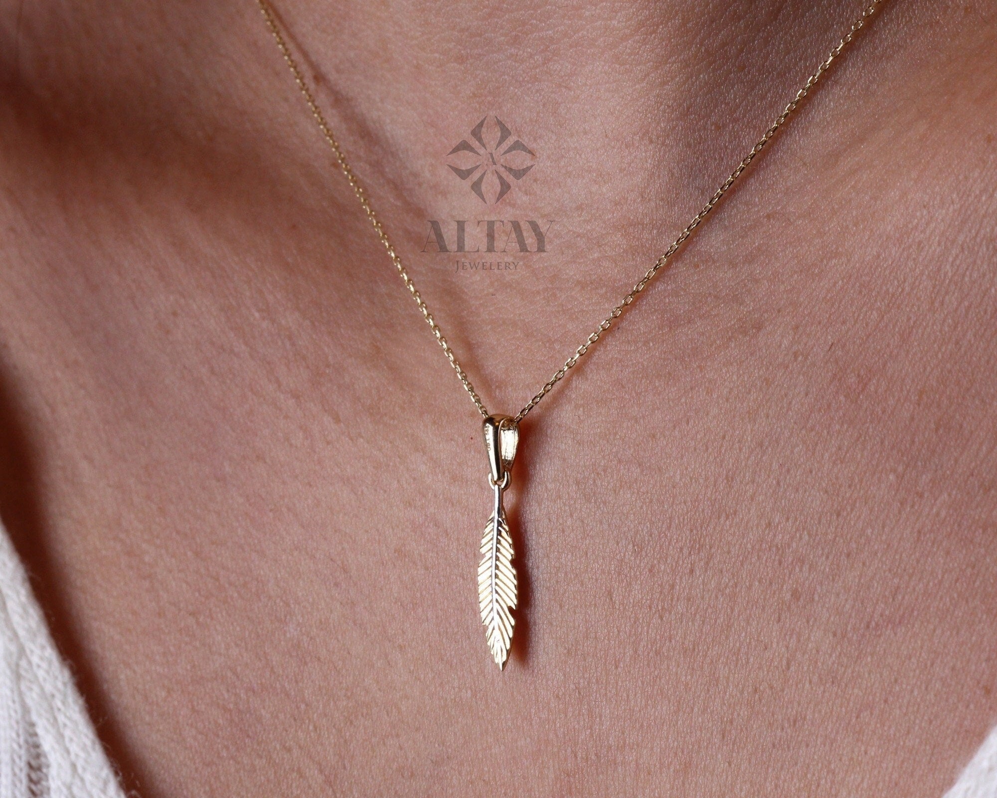 14K Gold Feather Necklace, Chance Pendant, Palm Leaf Charm, Dainty Leaf Choker, Layering Jewelry, Tiny Wedding Bridesmaid Gift for Her