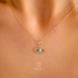 14K Solid Gold Evil Eye Necklace, Eyelash Charm Pendant