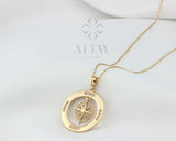 14K Gold Compass Necklace, Zirconia Stones Compass Jewelry