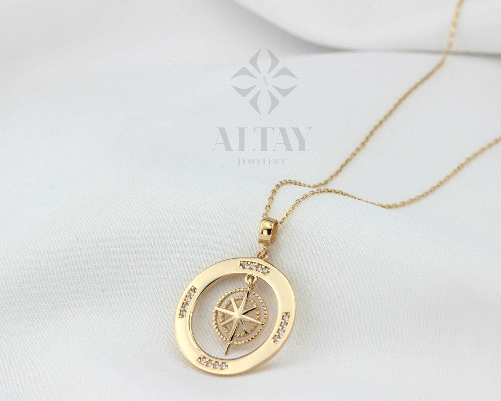 14K Gold Compass Necklace, Zirconia Stones Compass Jewelry, Cz Diamonds Necklace, Compass Charm, Personalized Compass, Custom Pendant