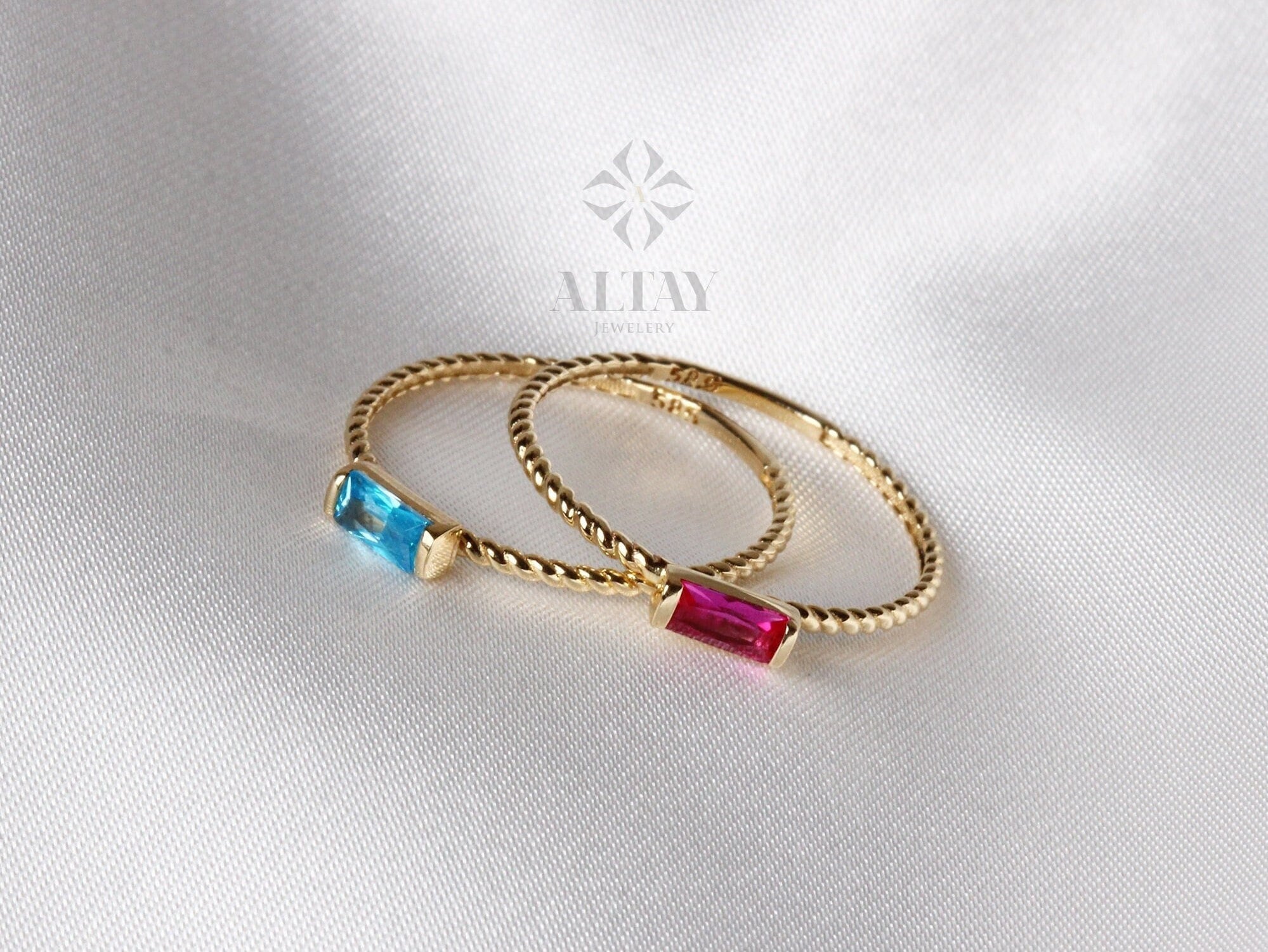 14K Solid Gold Baguette Ring, London Blue Topaz Ring, Ruby Stacking Ring, Aquamarine Dainty Wedding Ring, Tiny Stackable Ring, Gift For Her