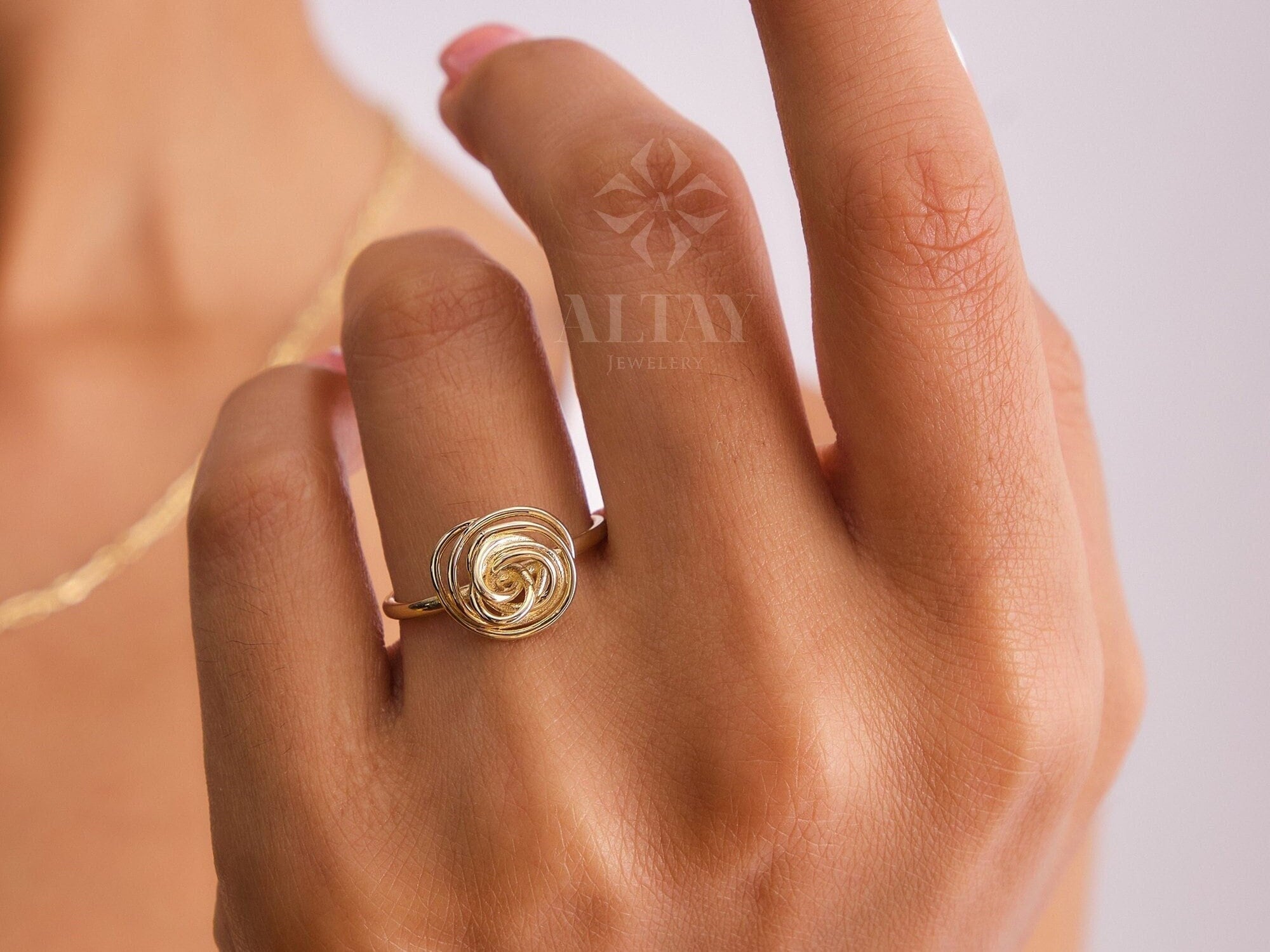 14K Gold Rose Ring, Wrapped Wire Rose Ring, Statement Band, Stackable Ring, Gold Wire Flower Ring, Love Ring, Swirl Ring, Handmade Jewelry,