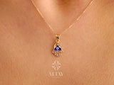14K Gold Hamsa Pendant Necklace, Hand of Fatima Charm