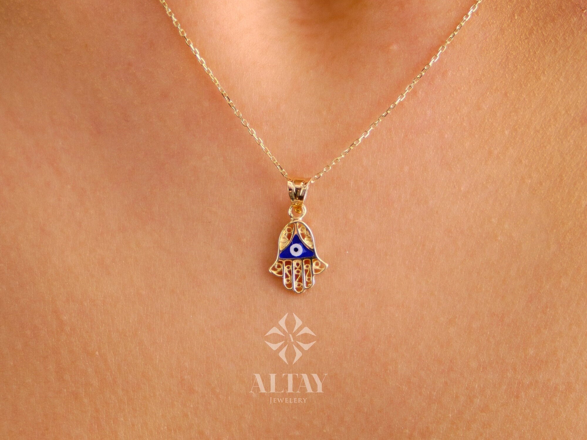 14K Gold Hamsa Pendant Necklace, Hand of Fatima Charm, Evil Eye Necklace, Religious Jewelry, Good Luck Protection Symbol, Gift For Her