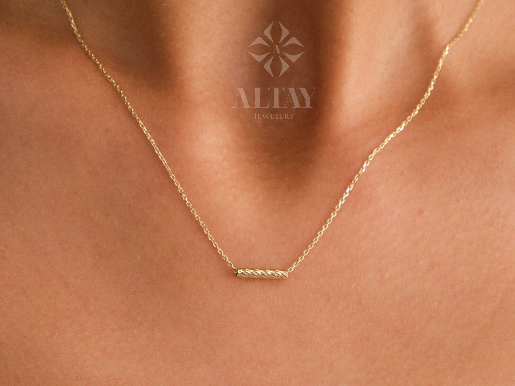 14K Gold Tube Bar Necklace, Textured Bar Pendant, Bar Chain Choker, Layering Gold Necklace, Dainty Tube Charm Necklace, Delicate Gift