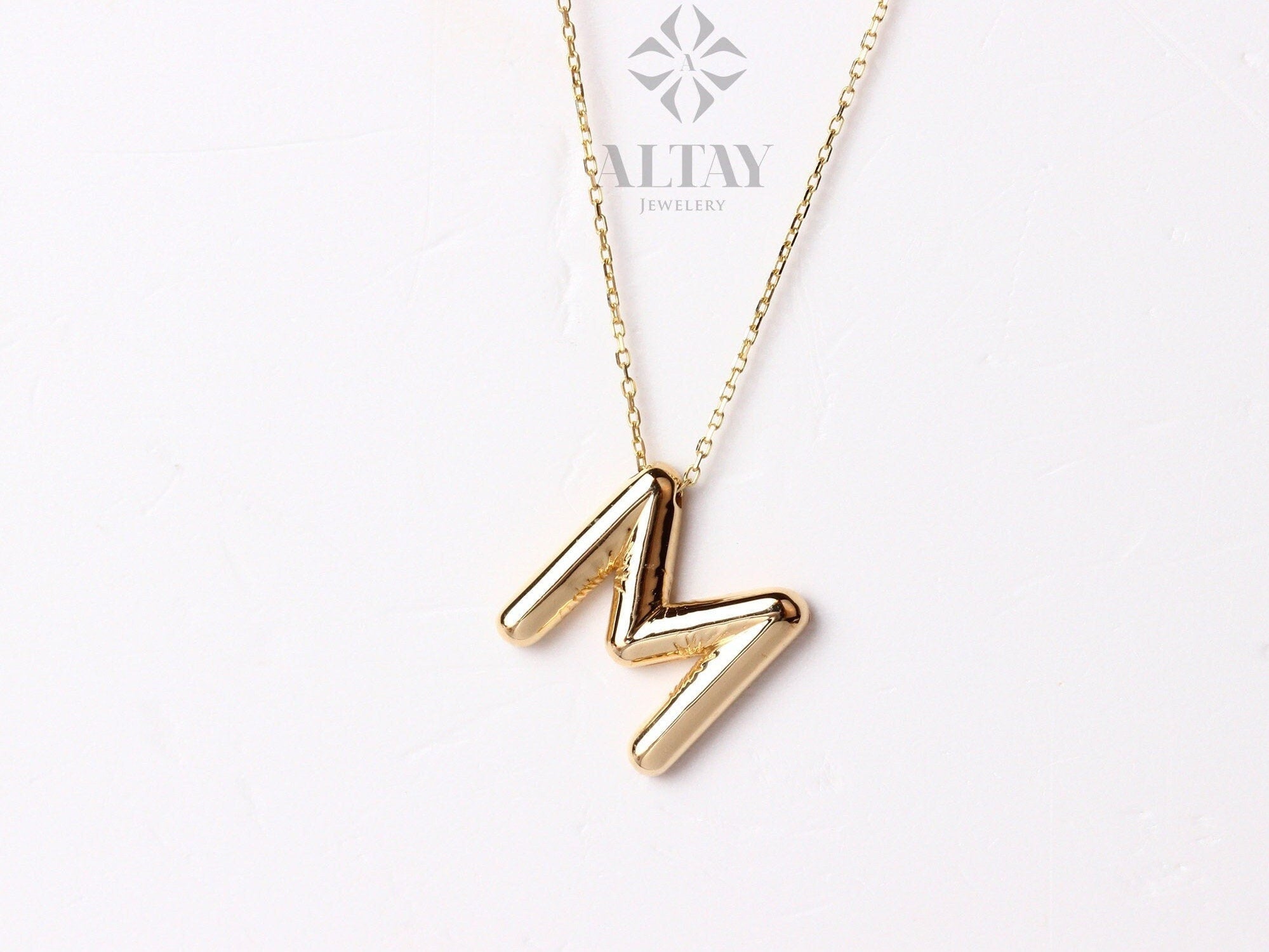 14K Gold Initial Necklace, 3D Gold Letter Necklace, Balloon Letter Pendant, Custom Personalized Necklace, Name Choker, Gift For Her Him