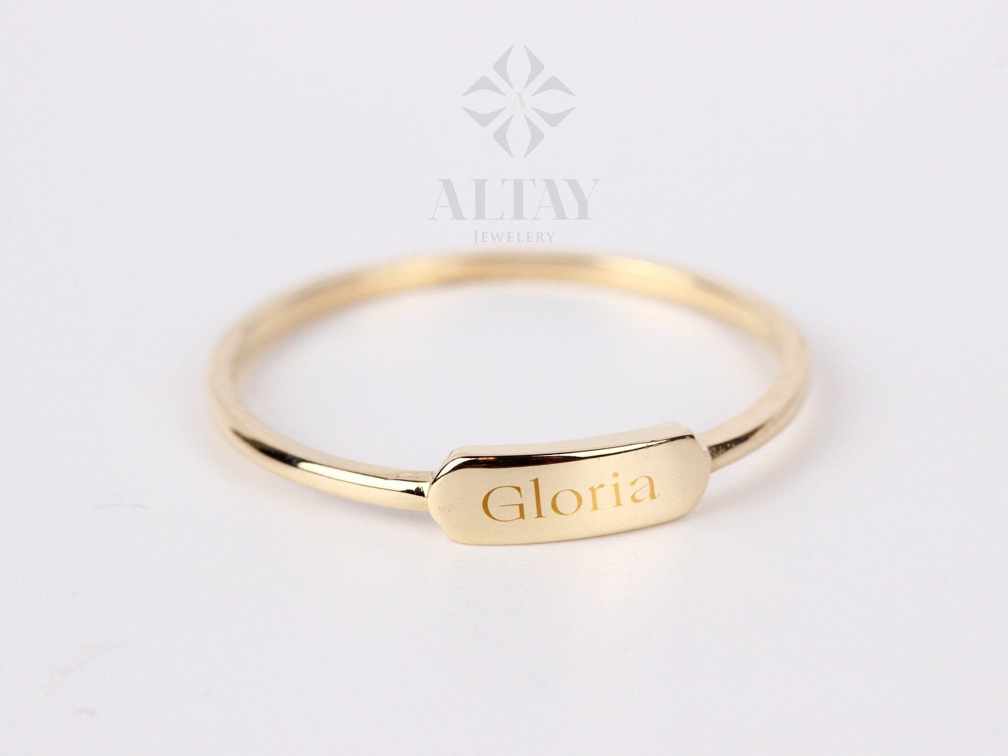 14K Gold Engraved Name Ring, Custom Signet Ring, Flat Bar Letter Band Ring, Monogram Pinky Ring, Personalized Initial Baby Name Ring