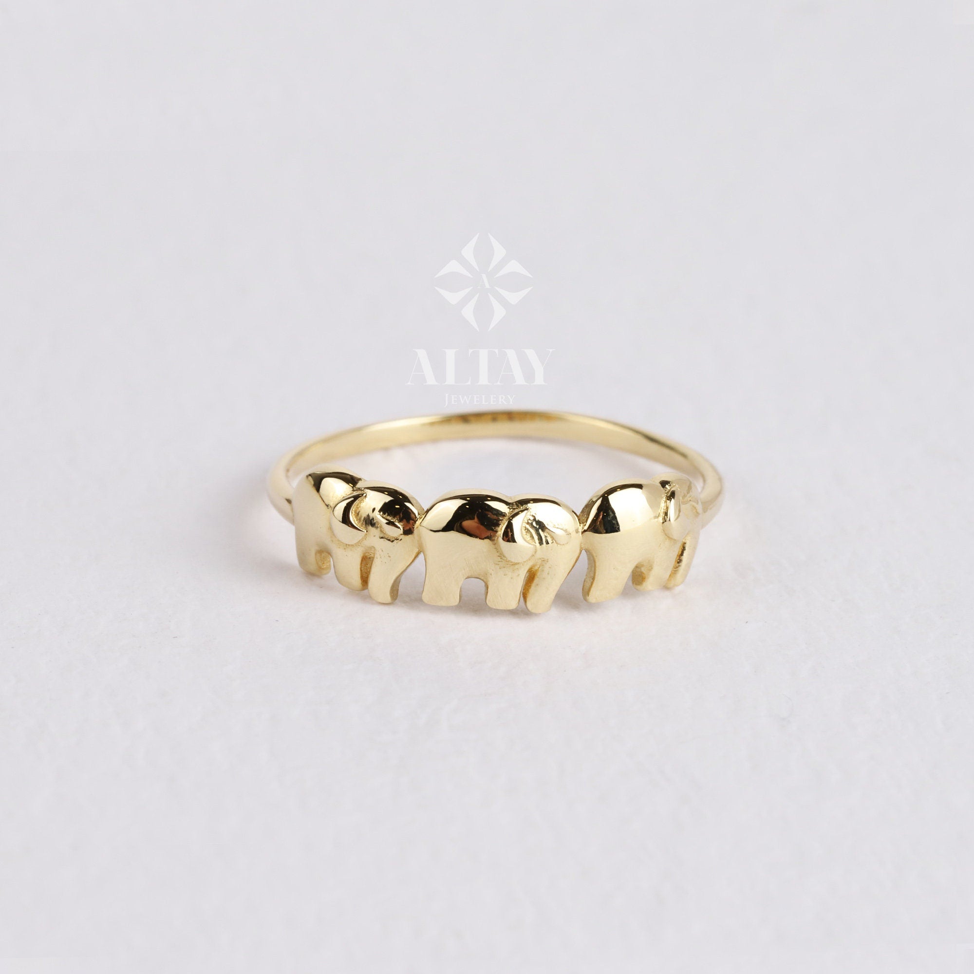 14K Solid Gold Elephant Ring, Three Elephant Ring, Stacking Thin Gold Ring, Animal Gold Ring, Dainty Minimalist Ring, Good Fortune Symbol