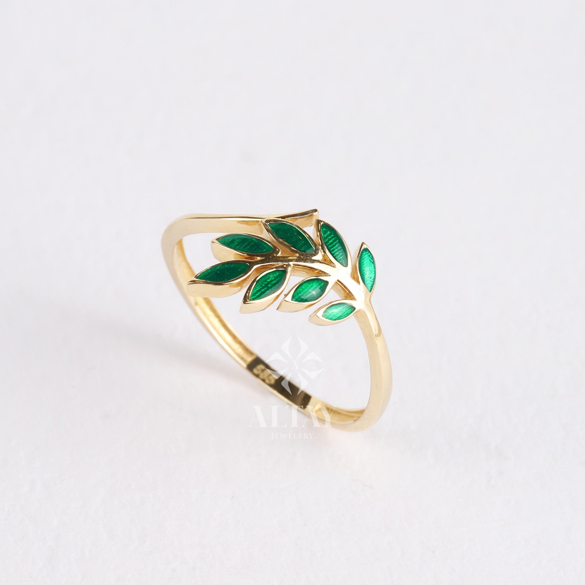 14K Gold Green Leaf Ring. Olive Leaf Ring, Vine Wedding Band, Leaf Branch Ring, Gold Leaf Stacking Twig Ring, Laurel Floral Nature Band