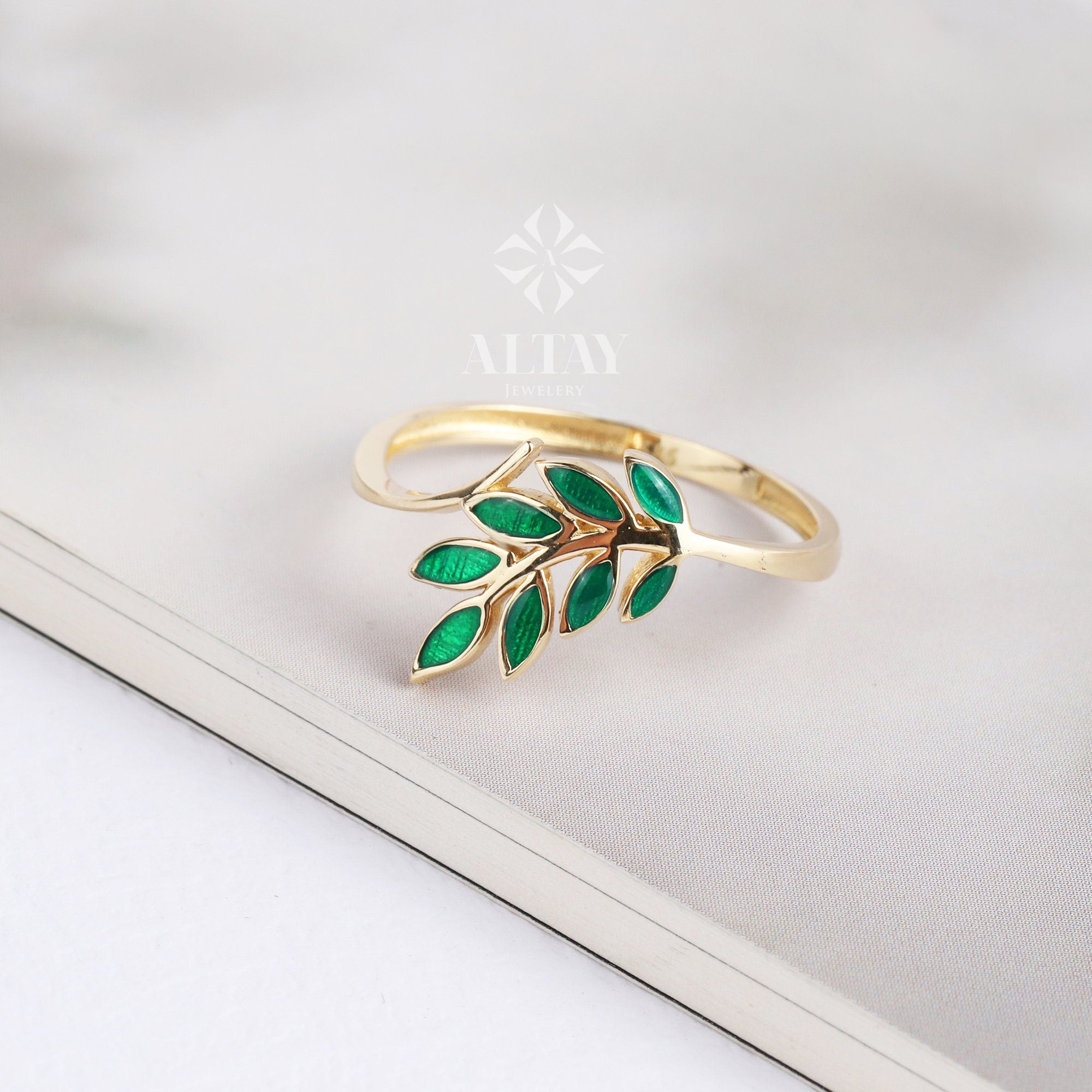 14K Gold Green Leaf Ring. Olive Leaf Ring, Vine Wedding Band, Leaf Branch Ring, Gold Leaf Stacking Twig Ring, Laurel Floral Nature Band