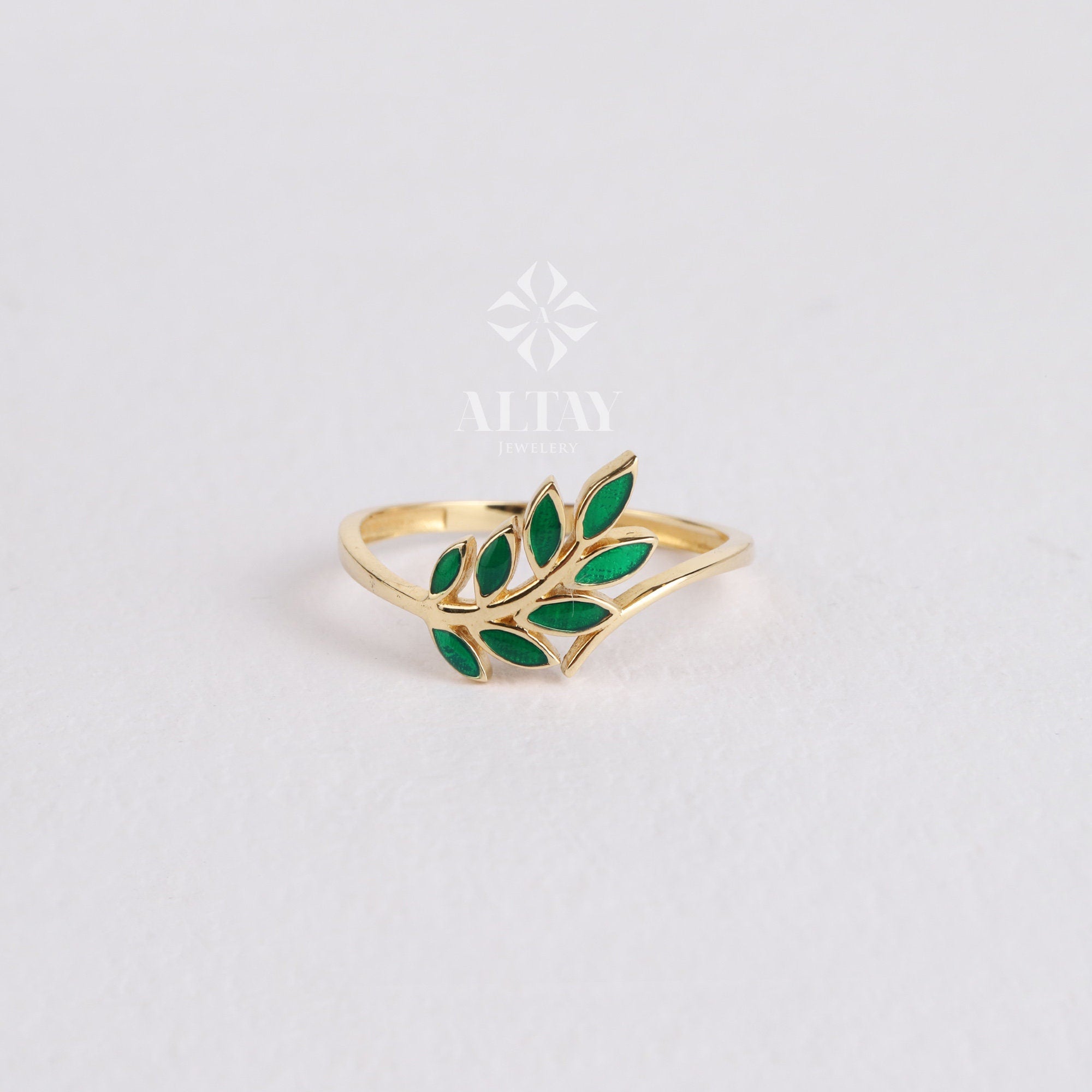 14K Gold Green Leaf Ring. Olive Leaf Ring, Vine Wedding Band, Leaf Branch Ring, Gold Leaf Stacking Twig Ring, Laurel Floral Nature Band