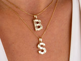 14K Gold Initial Necklace, Textured Initial Pendant