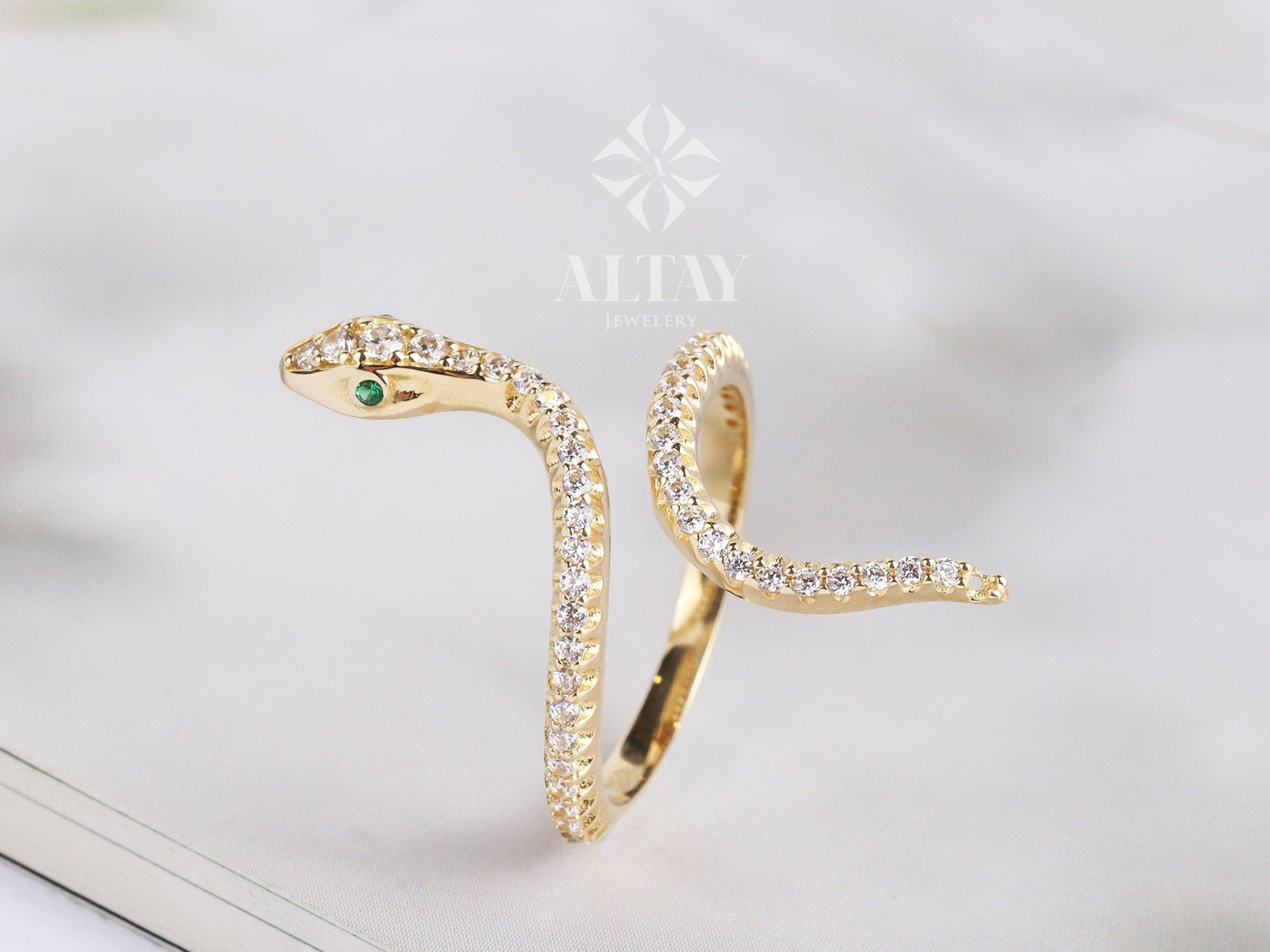 14K Gold Snake Ring, Snake Band, Open Serpent Jewelry, Dainty Stacking Animal Rings, CZ Snake Style Ring, Open Band Statement Wrap Ring