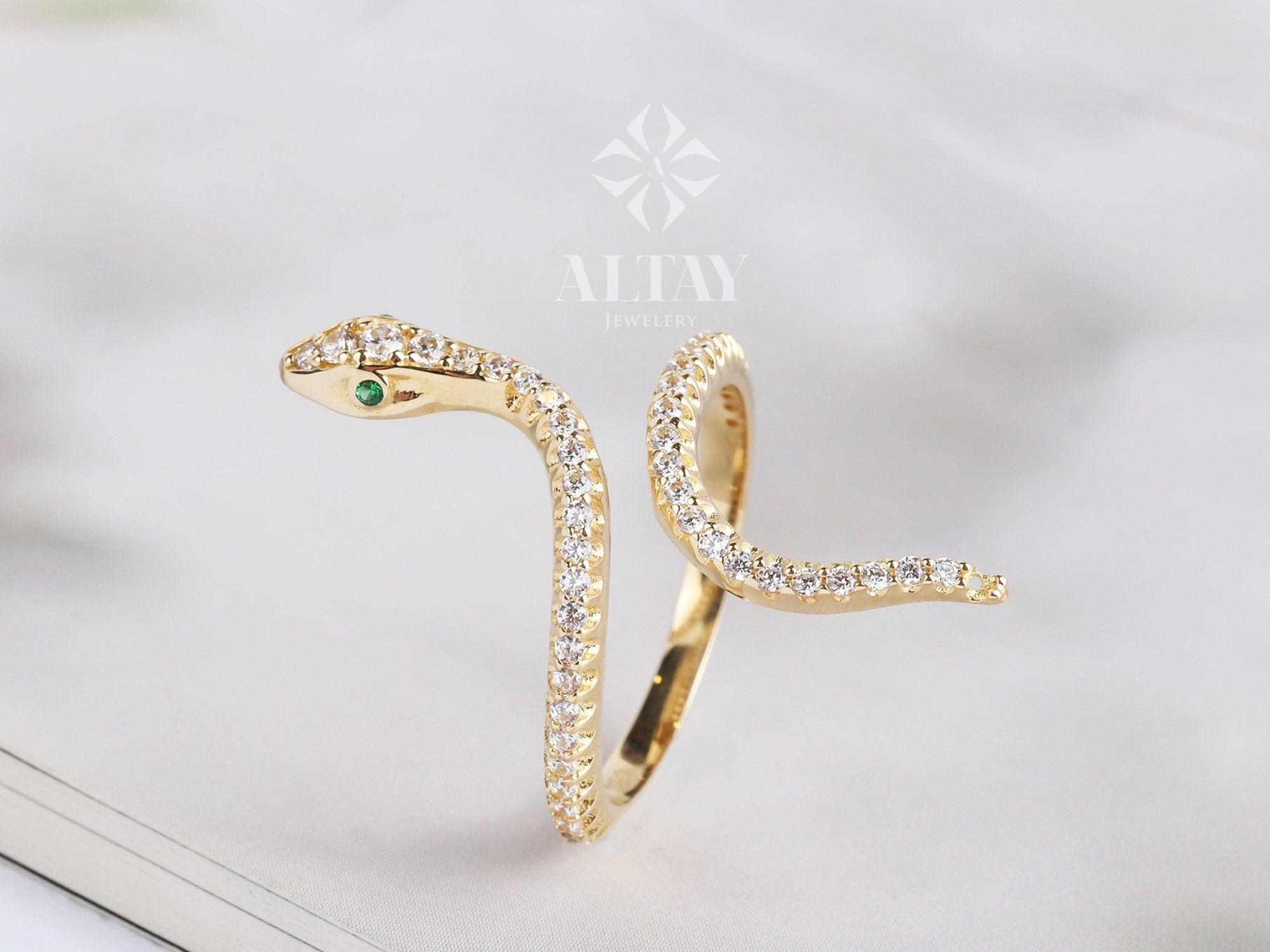 14K Gold Snake Ring, Snake Band, Cz Diamond Open Serpent Jewelry, Dainty Stacking Animal Rings, Snake Style Ring, Statement Band Wrap Ring