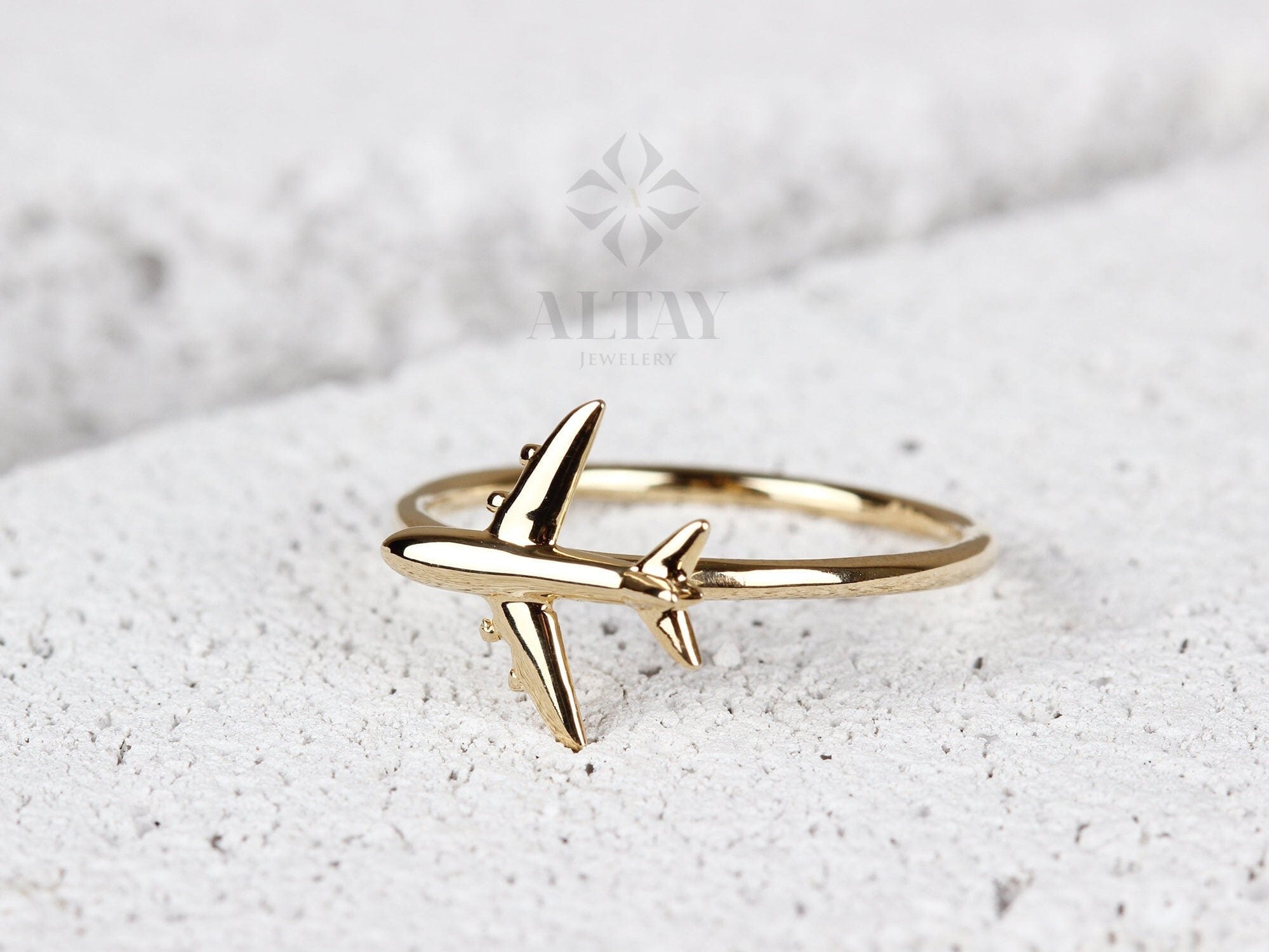 14K Solid Gold Airplane Ring, Aviation Gifts, Plane Gold Ring, Female Pilot Gift, Travel Ring, Minimal Flight Attendant Ring, Gift for Her