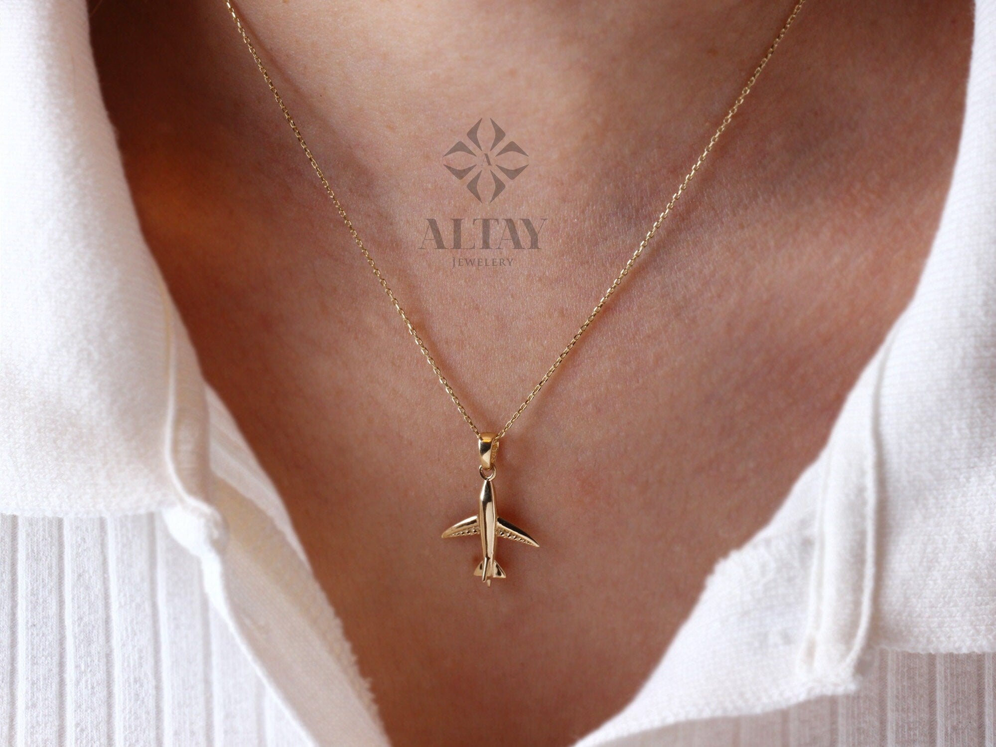 14K Gold Airplane Necklace, Plane Pendant Necklace, Travel Lover Necklace, Pilots Flight Attendant Gifts, Gold Airplane Charm Choker