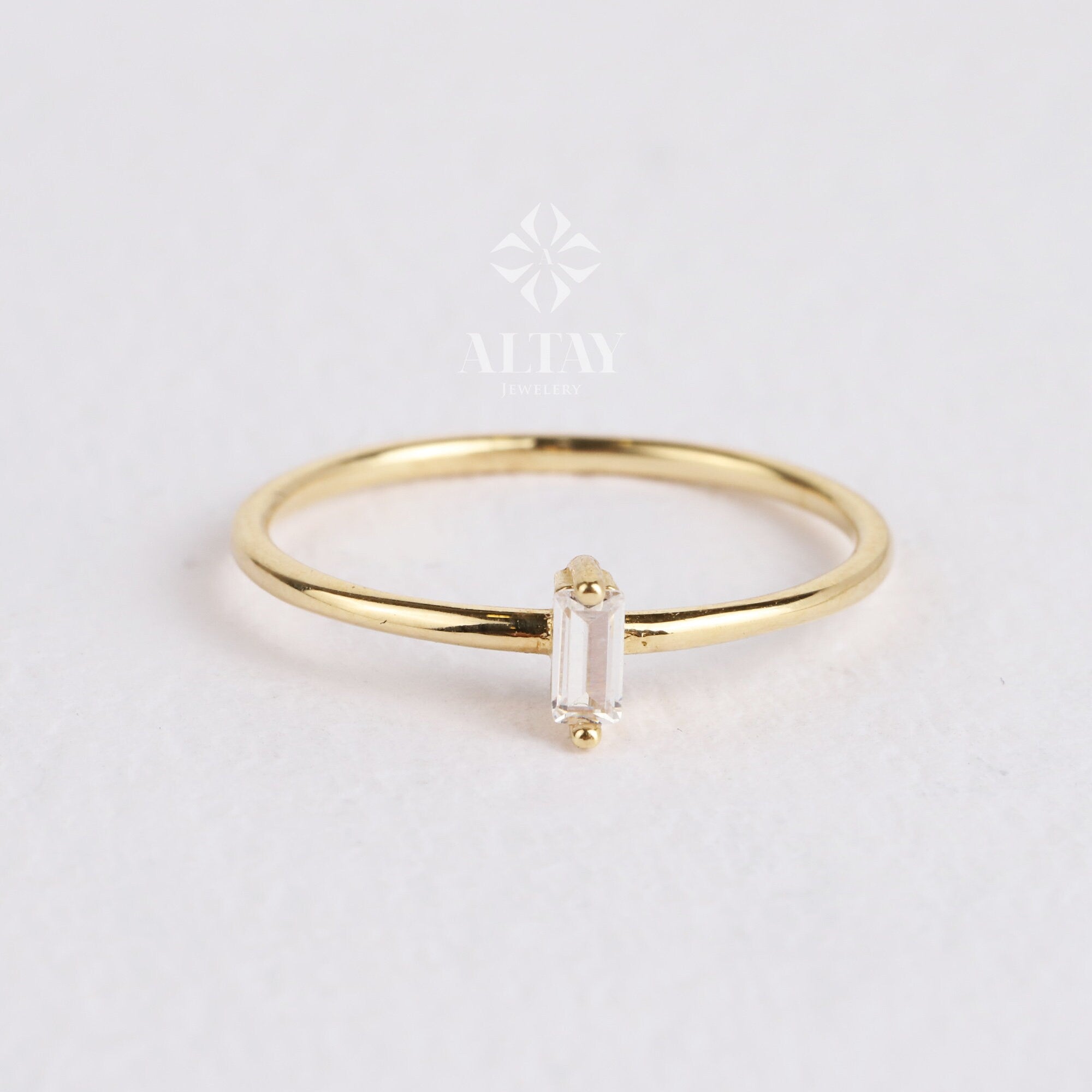 14K Gold Birthstone Baguette Ring, Custom Gemstone Ring, Personalized Solitaire Band, Dainty Ring, Stacking Ring, Gold Simple Ring Women