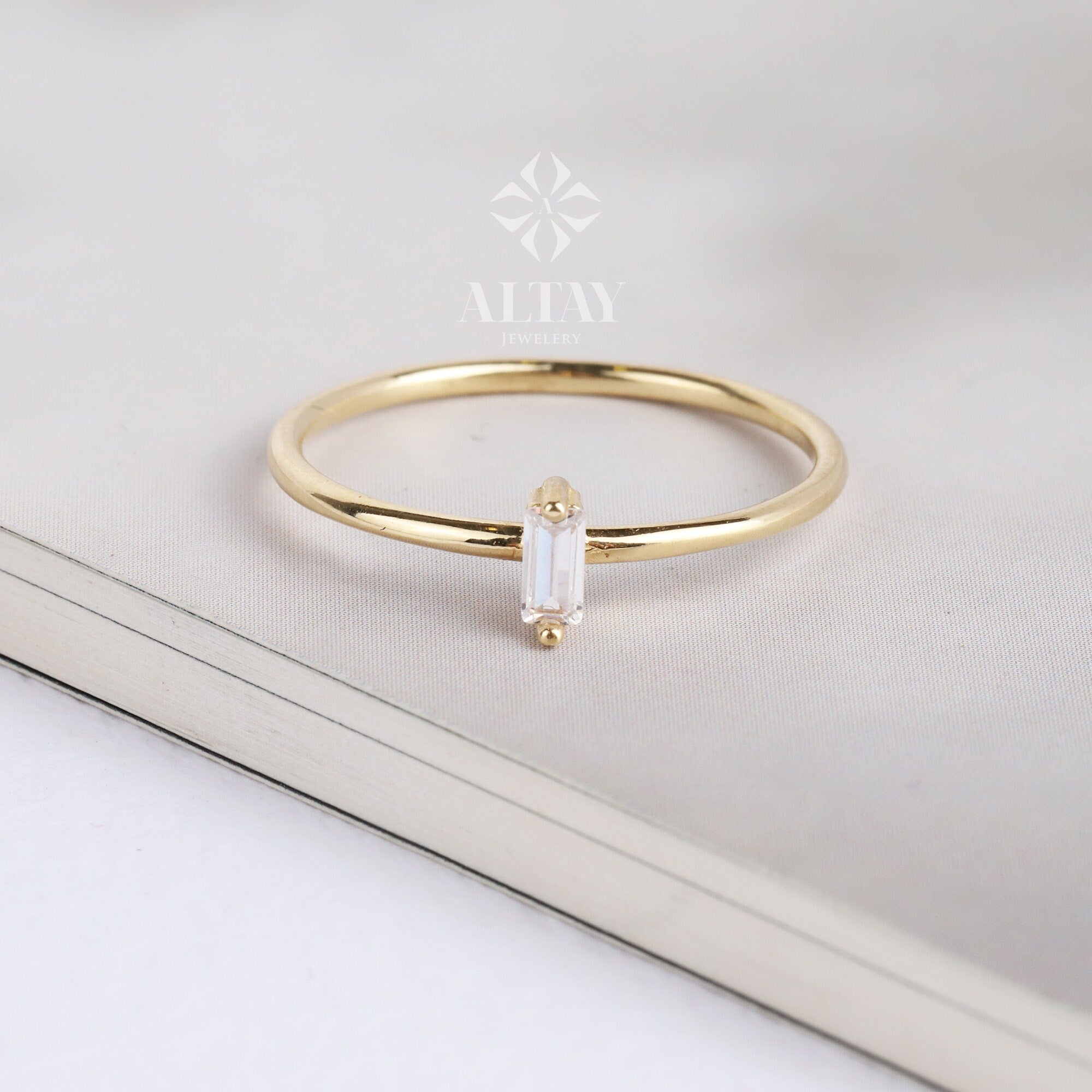 14K Gold Birthstone Baguette Ring, Custom Gemstone Ring, Personalized Solitaire Band, Dainty Ring, Stacking Ring, Gold Simple Ring Women